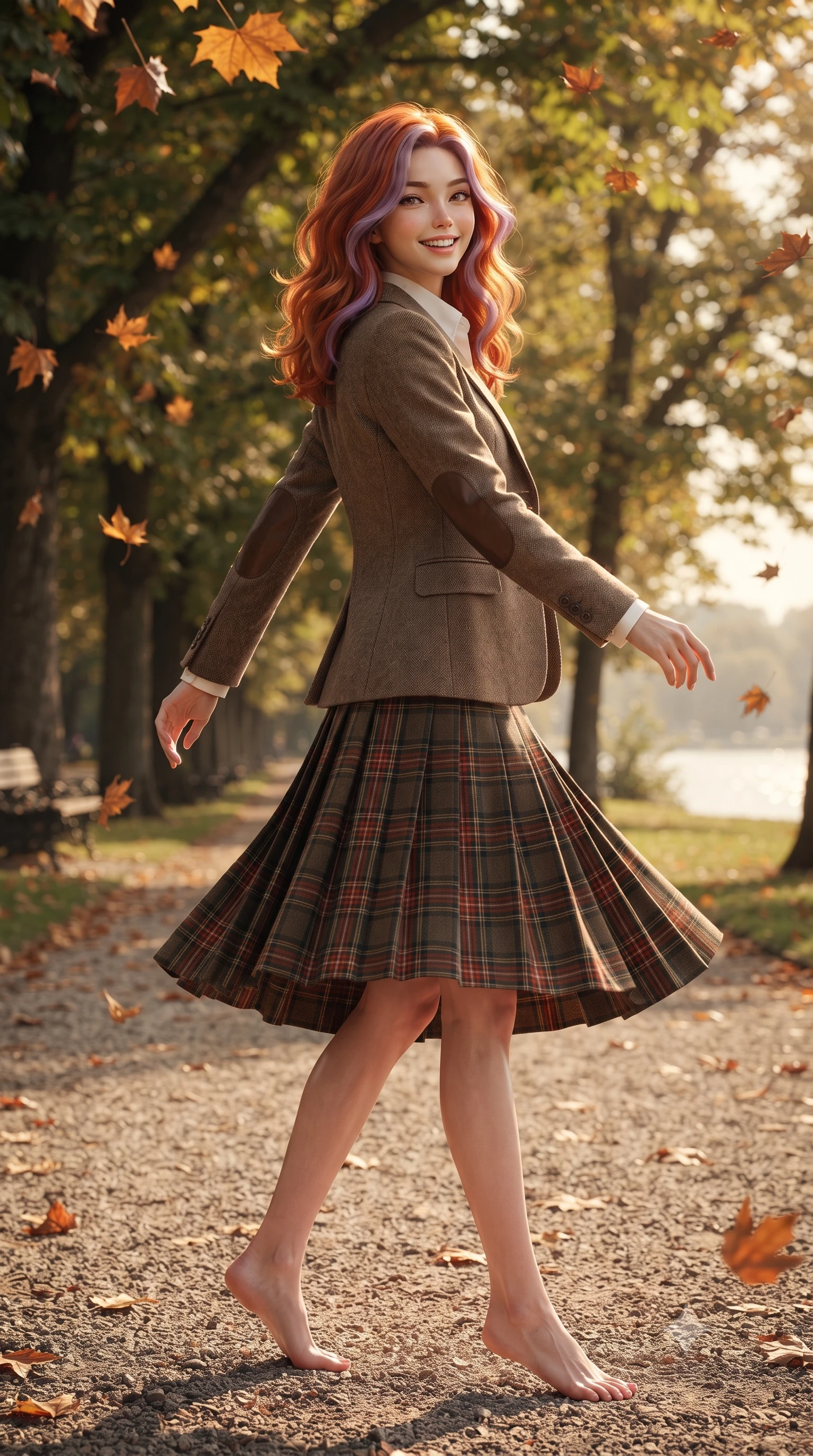 score_9, masterpiece, best quality, ultra-detailed, high-budget anime keyframe, editorial fashion photography, tasteful artistic composition, Caucasian woman. low angle full-body shot from head to toe showing her feet, filling the entire 9:16 vertical frame with her statuesque presence, stretching her vertical silhouette. executing an elegant pivot turn as the hem of her pleated wool skirt sways rhythmically, glancing back with joyful radiance while strolling along the tree-lined gravel promenade surrounded by falling amber plane tree leaves, looking back with a joyful, beaming smile. The surrounding environment is rendered in vivid detail and crisp panoramic clarity: detailed equestrian wool blazer tailoring, leather elbow patch textures, and natural royal park foliage in high resolution. She has an exceptionally tall and slender model-like 8.5-heads proportion, an ultra-slim waist, a flat toned midriff, narrow delicate ribcage, and beautifully sculpted feminine hips creating a graceful, slim hourglass silhouette without any bulky heaviness, with impossibly long slender legs. sharp v-shaped jawline, high-bridge nose, intricate jewel-like sparkling eyes with depth, thick eyelashes, glossy parted lips with a natural peach sheen, bright cheerful beaming smile with an enchanting and coquettish sensual glint, exuding both youthful cute charm and seductive allure, flawlessly proportioned anatomical accuracy, strict slender model proportions, natural body alignment, perfectly sculpted long slender limbs, ultra-slim waistline, clean dynamic posture without body distortion. wearing an ivory cable-knit fisherman sweater paired with a pleated wool tartan midi skirt and a crisp collared poplin shirt in Swiss alpine snow white and oat cashmere, crafted from fluid mulberry silk twill with an understated lustrous pearl finish, finished with fine mother-of-pearl cuff buttons catching the soft ambient light, the expertly draped wool fabric falling in crisp fluid lines along her tall 8.5-heads silhouette, celebrating her slender frame without excess fabric bulk. illuminated by lake water shimmer fill and rich copper-gold rim lights defining her razor-sharp jawline and tall slender figure. ultra-reflective glossy finish, specular highlights, rich textural contrasts, high-contrast stereoscopic depth, volumetric dynamic lighting, 2k, ultra detail, master piece, 9:16 ratio