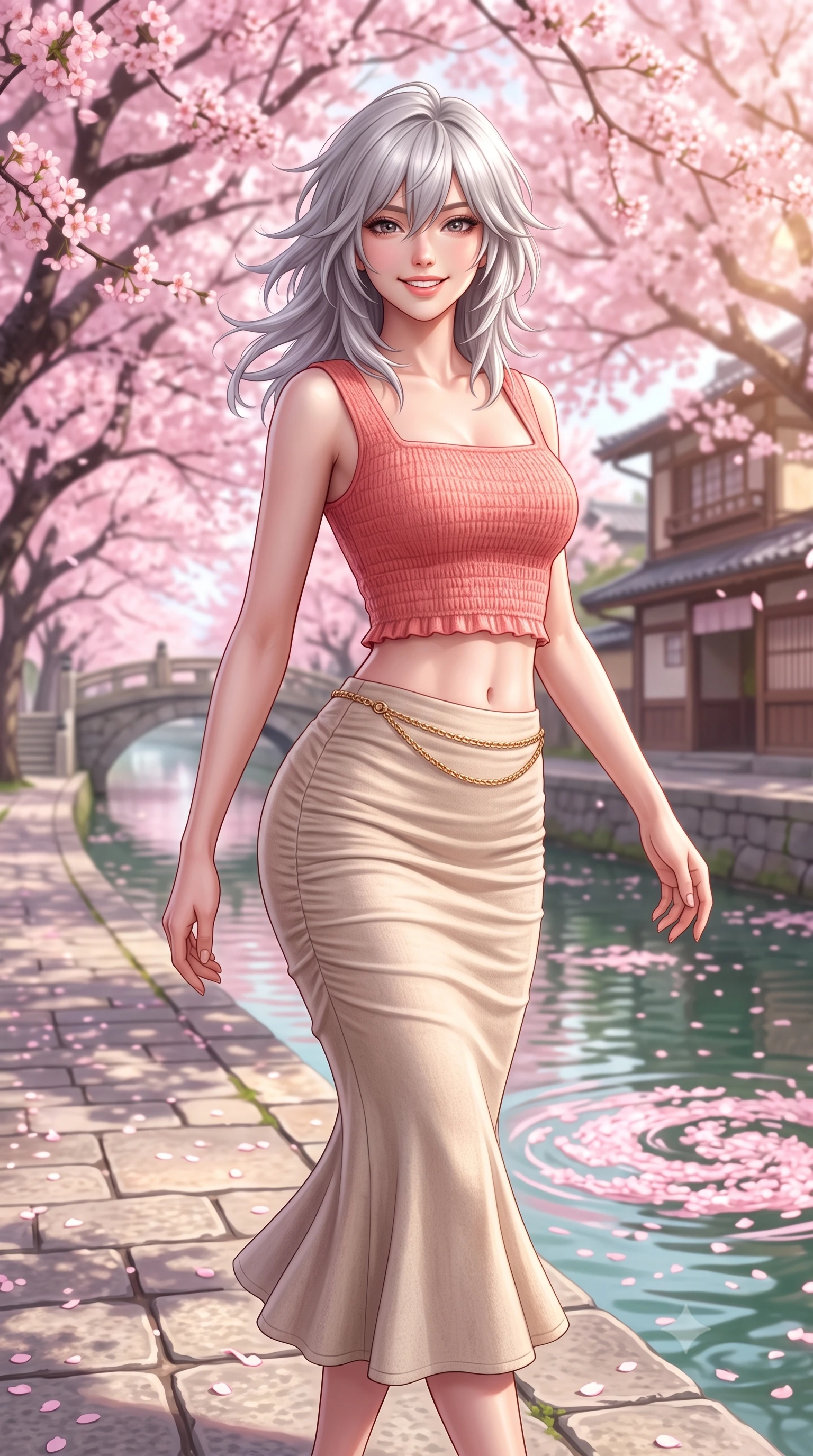 score_9, masterpiece, best quality, ultra-detailed, high-budget anime keyframe, semi-realistic 3D game render, editorial fashion photography, tasteful artistic composition, Japanese woman. close-up cowboy shot from the waist and thighs up, the character dominates the composition, filling the frame with her large presence. turning playfully with a bright confident smile, her glossy hair tossing in the breeze as her hips angle gracefully in a captivating contrapposto while walking gracefully along the stone canal pathway beneath hundreds of blooming cherry trees, arching her lower back with a bright, charming smile. The composition keeps background elements in soft focus with dreamy creamy bokeh. swirling pink sakura cherry blossom canopies and floating petal rafts on water blurred into soft rose-pink, jade, and golden sunbeam bokeh. She has an exceptionally elegant, slender, and willowy female figure with an ultra-slim waist, flat toned midriff, narrow ribcage, and sculpted feminine hips creating an alluring, slim hourglass silhouette without bulk. sharp v-shaped jawline, high-bridge nose, intricate jewel-like sparkling eyes with depth, thick eyelashes, glossy parted lips with a natural peach sheen, bright cheerful beaming smile with an enchanting and coquettish sensual glint, exuding both youthful cute charm and seductive allure, flawlessly proportioned anatomical accuracy, strict slender model proportions, natural body alignment, perfectly sculpted long slender limbs, ultra-slim waistline, clean dynamic posture without body distortion. wearing a fitted square-neck smocked crop top paired with a curve-hugging ruched mermaid midi skirt in warm coral pink and soft oatmeal beige, crafted from soft cozy cashmere yarn with an airy drape, accented with a delicate gold chain belt resting loosely on her curvy hips, the form-contouring cut accentuating her sculpted flat midriff, narrow delicate ribcage, and gracefully curvy hips with supermodel precision. illuminated by calm water reflections sharply sculpting her sculpted cheekbones, ultra-slim waist, and curvy hips. highly saturated vibrant anime colors, detailed shading with soft gradients, rich glossy textures, high-contrast stereoscopic depth, volumetric dynamic lighting, master piece, 9:16 ratio