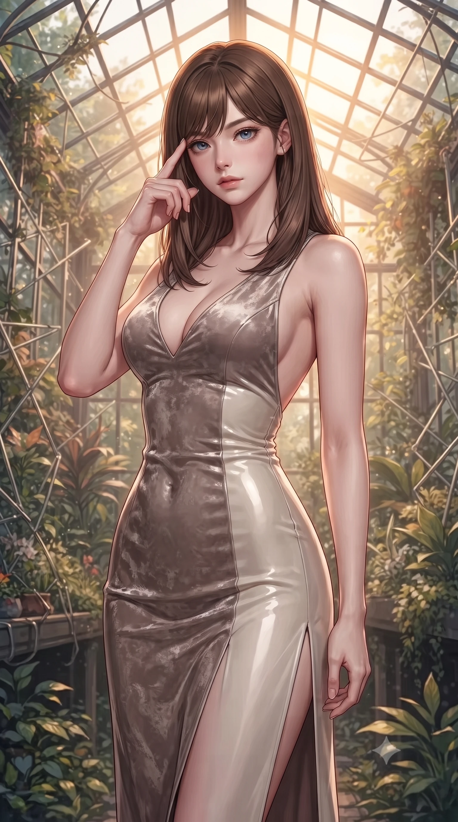 score_9, masterpiece, best quality, ultra-detailed, high-budget anime keyframe, editorial fashion photography, tasteful artistic composition, Korean woman. close-up cowboy shot from the waist and thighs up, the character dominates the composition, filling the frame with her large presence, background elements kept in soft focus. Pressing two fingers to her temple in a composed thoughtful gesture with an air of magnetic charisma forging through an overgrown greenhouse filled with platinum wire lattices, intense volumetric sunbeams filtering through the glass ceiling. She has an exceptionally elegant, slender, and willowy female figure with an ultra-slim waist, a gracefully sculpted slender torso, and a refined silhouette. sharp v-shaped jawline, high-bridge nose, intricate jewel-like eyes with depth, thick eyelashes, glossy lips with a natural sheen. wearing a backless crushed velvet gown with a deep V-neckline and high thigh slit in muted taupe and soft ivory, tailored from high-gloss patent leather, finished with a sleek side slit ascending to mid-thigh, the sleek second-skin texture accentuating her magnetic presence. lit by warm golden-hour rays cascading through crystalline glass panes. highly saturated vibrant anime colors, detailed shading with soft gradients, rich glossy textures, high-contrast stereoscopic depth, volumetric dynamic lighting, master piece, 9:16 ratio