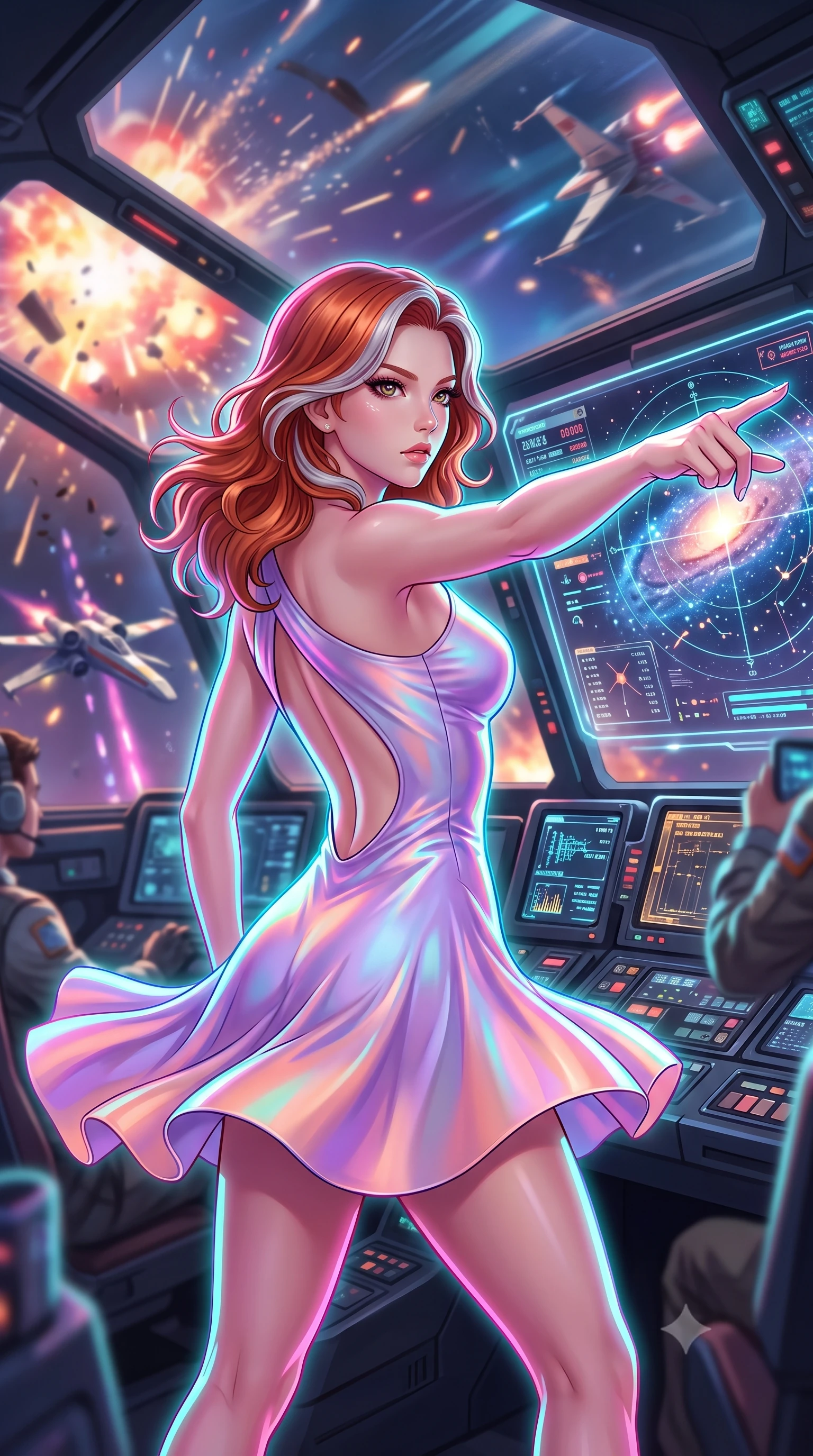 score_9, masterpiece, best quality, ultra-detailed, high-budget anime keyframe, editorial fashion photography, tasteful artistic composition, Caucasian woman, strictly human ears. close-up cowboy shot from the waist and thighs up, the character dominates the composition, filling the frame with her large presence, background elements kept in soft focus. Commanding the starship crew with a decisive gesture, pointing toward the galactic viewscreen. set against a soft-focus background of inside the cockpit of a starfighter in the middle of a dogfight, the glass canopy reflecting explosions and debris passing by. She has an exceptionally elegant and slender, willowy female figure with an ultra-slim waist, a gracefully sculpted slender torso, and a refined slim physique. sharp v-shaped jawline, high-bridge nose, intricate jewel-like eyes with depth, thick eyelashes, glossy lips with a natural sheen. wearing the lightweight fabric rippling and billowing dramatically with her movement, a form-contouring one-shoulder mini dress in a holographic lavender-to-peach colorway, with a dramatically scooped open back. highly saturated vibrant anime colors, intense vivid color palette, soft 3D volumetric shading, volumetric dynamic lighting, brilliant cinematic volumetric lighting with intense neon rim light outlining her form. 2k, ultra detail, master piece, 9:16 ratio