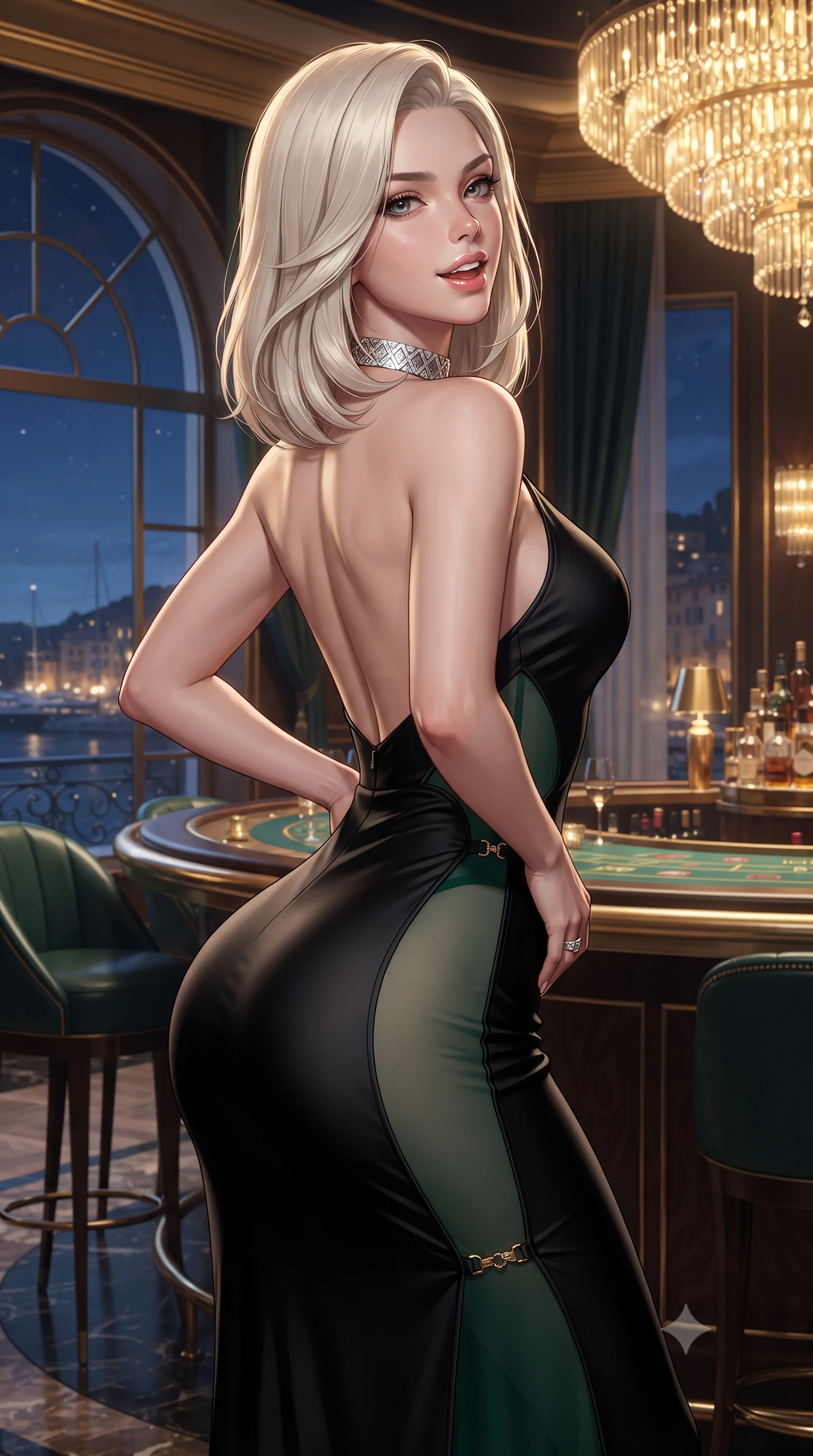 score_9, masterpiece, best quality, ultra-detailed, high-budget anime keyframe, editorial fashion photography, tasteful artistic composition, Caucasian woman. close-up cowboy shot from the waist and thighs up, the character dominates the composition, filling the frame with her large presence. posing in an alluring rear three-quarter angle, arching her lower back in a pronounced S-curve with one hand on her hip, glancing seductively over her bare shoulder with parted glossy lips while twisting her slender torso in a deep contrapposto stance beside the private casino bar, glancing over her shoulder with an audacious, teasing smirk. The surrounding environment is rendered in vivid detail and crisp panoramic clarity. detailed sequin dress reflections, diamond necklace fire, and Mediterranean night harbor in high clarity. She has an exceptionally elegant, slender, and willowy female figure with an ultra-slim waist, a gracefully sculpted slender torso, toned flat midriff, and rounded feminine hips creating an alluring hourglass silhouette. sharp v-shaped jawline, high-bridge nose, intricate jewel-like eyes with depth, thick eyelashes, glossy parted lips with a natural sheen, intensely captivating and seductive bedroom-eyes expression, flawlessly proportioned anatomical accuracy, strict slender model proportions, natural body alignment, perfectly sculpted long slender limbs, ultra-slim waistline, clean dynamic posture without body distortion. wearing a second-skin black silk jersey maxi dress with asymmetrical sheer mesh side panels tracing the full curve of her hip in deep emerald green and polished gold hardware, made of liquid silk jersey adhering flawlessly to her slender build, complemented by a bold geometric diamond choker and glittering cocktail ring, the glove-like aerodynamic silhouette tightly following the natural contour of her hips and long slender legs with statuesque precision. bathed in opulent golden casino chandelier light and cool Mediterranean twilight ambient fill. ultra-reflective glossy finish, specular highlights, rich textural contrasts, high-contrast stereoscopic depth, volumetric dynamic lighting, 2k, ultra detail, master piece, 9:16 ratio