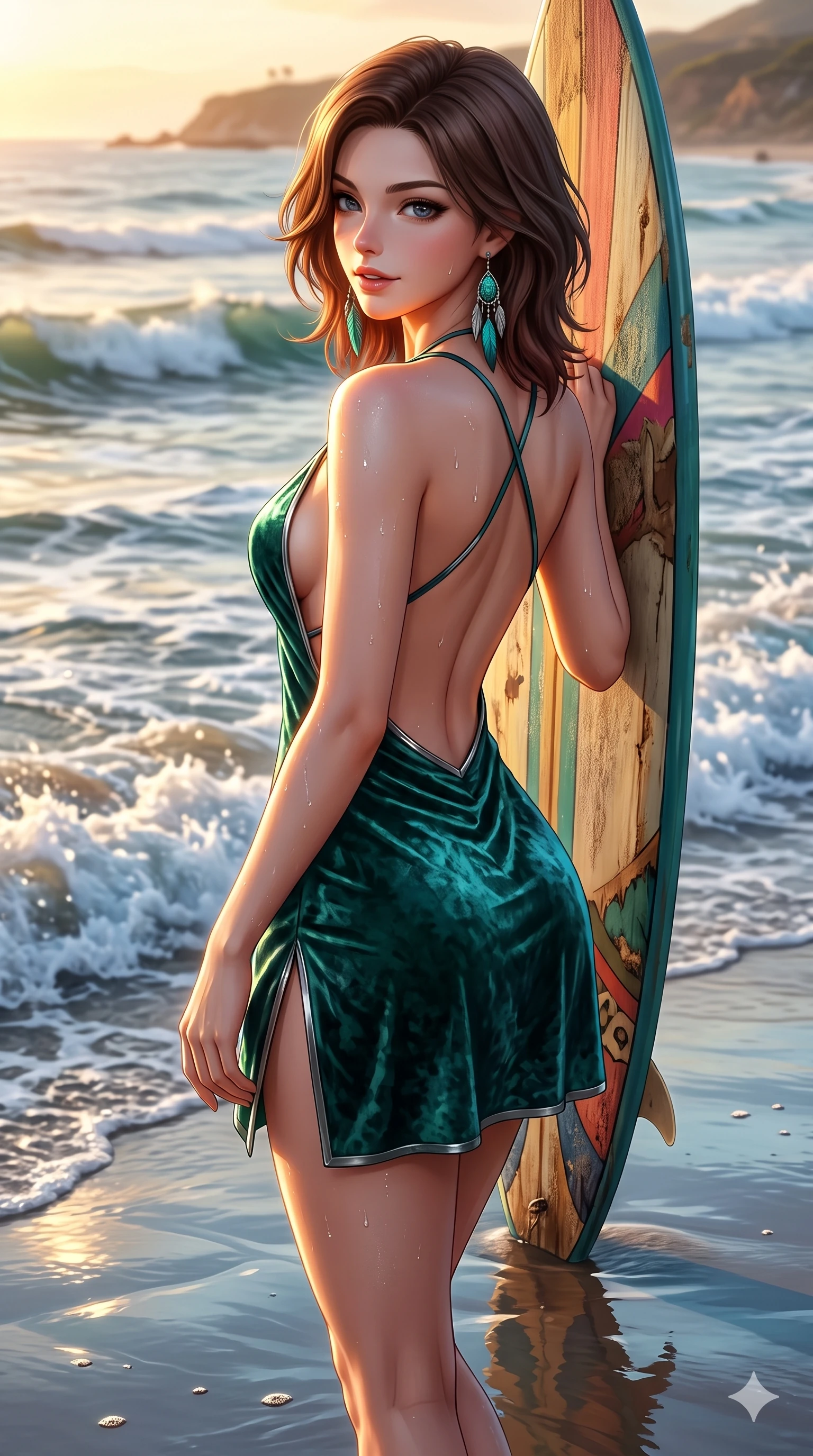 score_9, masterpiece, best quality, ultra-detailed, high-budget anime keyframe, semi-realistic 3D game render, editorial fashion photography, tasteful artistic composition, Korean woman. close-up cowboy shot from the waist and thighs up, the character dominates the composition, filling the frame with her large presence. posing in an alluring rear three-quarter angle, looking over a bare shoulder with parted glossy lips, her hips cocked back to highlight her slim hourglass curve while leaning against the standing surfboard with hips cocked back, looking back over a bare shoulder with an alluring, parted-lip smile as waves wash past. The surrounding environment is rendered in vivid detail and crisp panoramic clarity: detailed wet-look neoprene surfing bodysuit tailoring, glistening water beads on skin, and coastal surf scape in razor-sharp precision. She has an exceptionally elegant, slender, and willowy female figure with an ultra-slim waist, flat toned midriff, narrow ribcage, and sculpted feminine hips creating an alluring, slim hourglass silhouette without bulk. sharp v-shaped jawline, high-bridge nose, sparkling eyes with hypnotic seductive depth, thick curled eyelashes, glossy parted lips with a natural dewy peach sheen, alluring bedroom-eyes with an enchanting coquettish smile, exuding magnetic siren charisma and sophisticated glamour, flawlessly proportioned anatomical accuracy, strict slender model proportions, natural body alignment, perfectly sculpted long slender limbs, ultra-slim waistline, clean dynamic posture without body distortion. wearing a backless crushed velvet mini dress with a deep plunging neckline and hip-high thigh slit in emerald sea green and polished titanium, tailored from heavy double-faced silk georgette with an exceptionally fluid drape, accented with turquoise and silver bohemian feather earrings swaying near her bare neck, the form-contouring cut accentuating her sculpted flat midriff, narrow delicate ribcage, and gracefully curvy hips with intoxicating allure. illuminated by mirror-like wet sand bounce and sharp molten-gold rim lighting defining her jawline, flat midriff, and voluptuous hip curves. highly saturated vibrant anime colors, detailed shading with soft gradients, rich glossy textures, high-contrast stereoscopic depth, volumetric dynamic lighting, master piece, 9:16 ratio