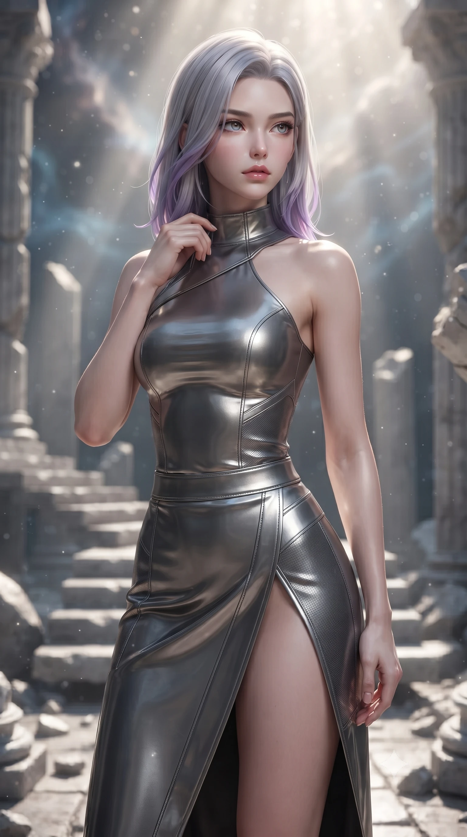 score_9, masterpiece, best quality, ultra-detailed, high-budget anime keyframe, editorial fashion photography, tasteful artistic composition, Caucasian woman. close-up cowboy shot from the waist and thighs up, the character dominates the composition, filling the frame with her large presence, background elements kept in soft focus. adjusting the high collar of her body-hugging suit, looking past the camera with quiet, sharp focus and a composed expression, the background shows a soft-focus a crystal ruins courtyard with levitating stone steps and shattered columns. She has an exceptionally elegant, slender, and willowy female figure with an ultra-slim waist, a gracefully sculpted slender torso, and a refined silhouette. sharp v-shaped jawline, high-bridge nose, intricate jewel-like eyes with depth, thick eyelashes, glossy lips with a natural sheen. wearing a body-hugging asymmetric one-shoulder nanotech bodice paired with a daring high-slit tactical utility wrap skirt. dappled sunlight filtering through cosmic dust clouds, creating volumetric light rays. ultra-reflective glossy finish, specular highlights, metallic sheen, high-contrast stereoscopic depth, volumetric dynamic lighting, 2k, ultra detail, master piece, 9:16 ratio
