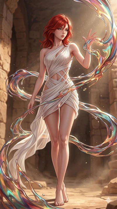 score_9, masterpiece, best quality, ultra-detailed, high-budget anime keyframe, Korean woman. low angle full-body shot filling the entire 9:16 frame with her statuesque presence, stretching the vertical silhouette. interacting with liquid stained-gla