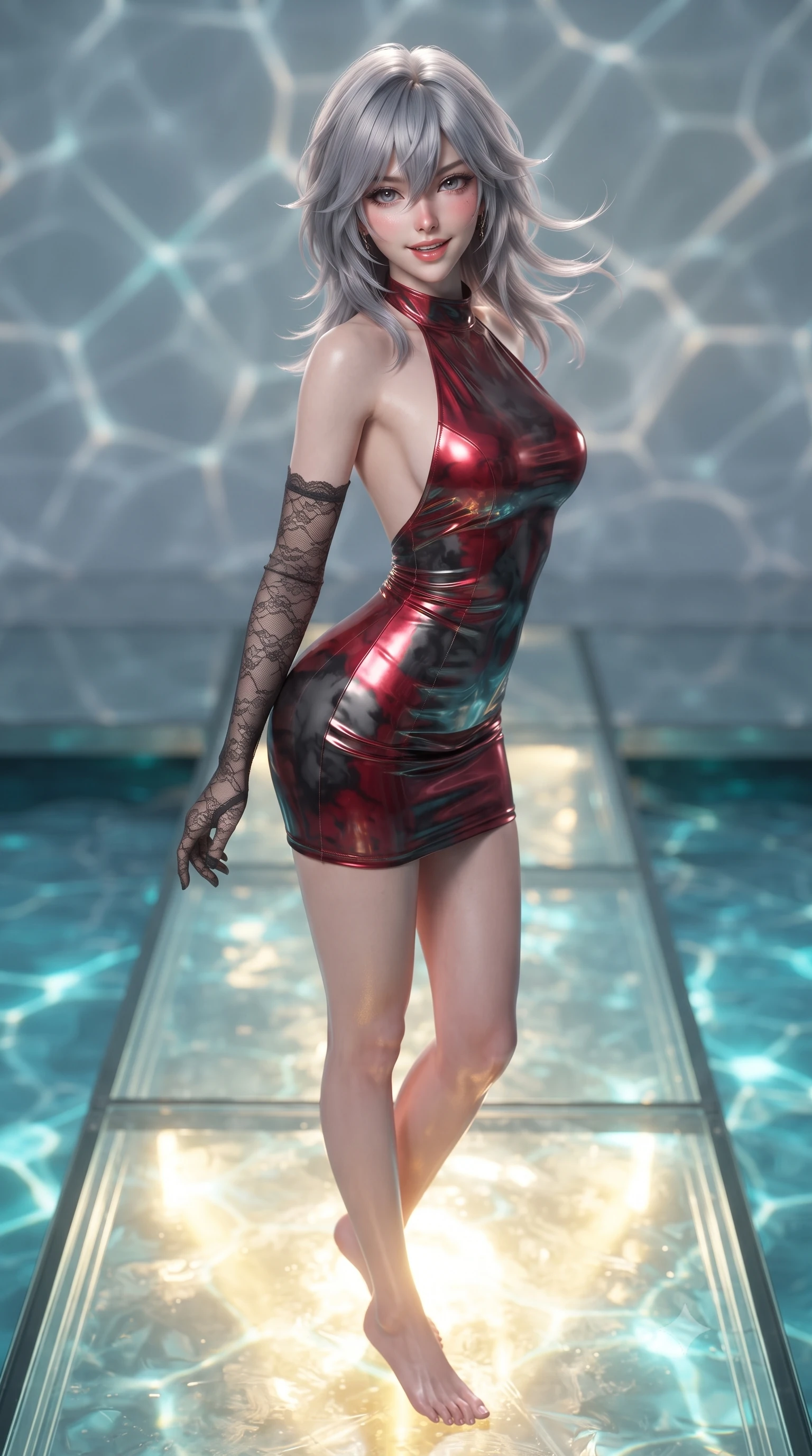score_9, masterpiece, best quality, ultra-detailed, high-budget anime keyframe, editorial fashion photography, tasteful artistic composition, Japanese woman. close-up cowboy shot from the waist and thighs up, the character dominates the composition, filling the frame with her large presence. turning slowly with an enchanting smoldering smile, her glossy hair tossing in the breeze as her hips angle gracefully in a captivating contrapposto while standing poised on the narrow transparent glass catwalk hovering over the illuminated pool, arching her spine with breathtaking daring. The background shows a soft-focus digital water ripple effects softened in avant-garde sci-fi shallow focus. She has an exceptionally elegant, slender, and willowy female figure with an ultra-slim waist, flat toned midriff, narrow ribcage, and sculpted feminine hips creating an alluring, slim hourglass silhouette without bulk. sharp v-shaped jawline, high-bridge nose, sparkling eyes with hypnotic seductive depth, thick curled eyelashes, glossy parted lips with a natural dewy peach sheen, alluring bedroom-eyes with an enchanting coquettish smile, exuding magnetic siren charisma and sophisticated glamour, flawlessly proportioned anatomical accuracy, strict slender model proportions, natural body alignment, perfectly sculpted long slender limbs, ultra-slim waistline, clean dynamic posture without body distortion. wearing a slinky backless halterneck column mini dress in shimmering liquid vinyl clinging like a second skin in rich cherry lacquer and smoky charcoal, woven from buttery-soft stretch lambskin leather adhering to her body like a second skin, complemented by sheer opera-length lace evening gloves tracing her slender arms, the second-skin tailored fabric adhering flawlessly to her sculpted flat midriff and slender torso, emphasizing her long leg lines and perfectly proportioned willowy build. bathed in brilliant golden and cyan light radiating upward from the submerged high-resolution digital pool floor. ultra-reflective glossy finish, specular highlights, rich textural contrasts, high-contrast stereoscopic depth, volumetric dynamic lighting, 2k, ultra detail, master piece, 9:16 ratio