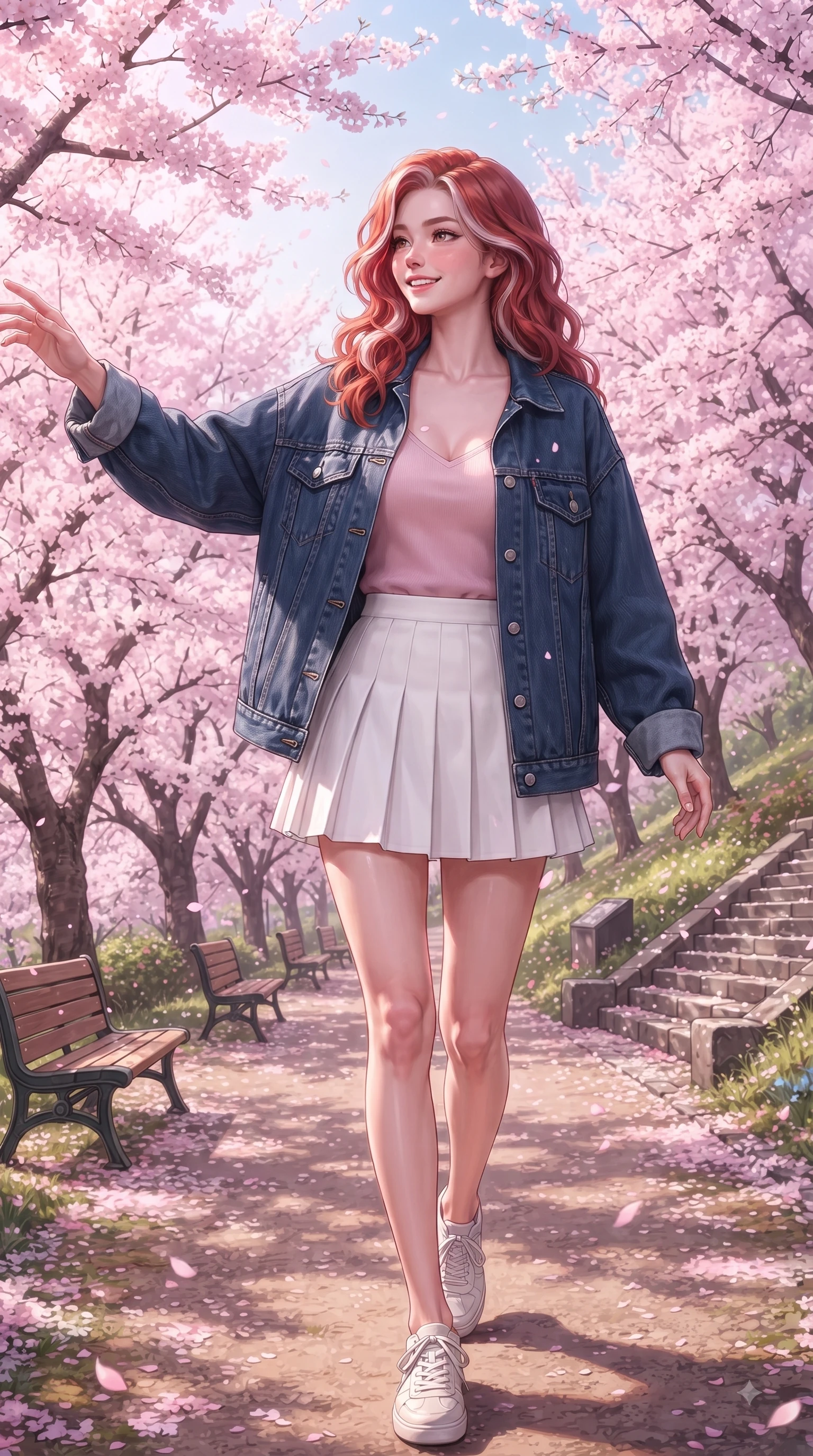 score_9, masterpiece, best quality, ultra-detailed, high-budget anime keyframe, editorial fashion photography, tasteful artistic composition, Caucasian woman. close-up cowboy shot from the waist and thighs up, the character dominates the composition, filling the frame with her large presence. Extending one arm in an elegant stretch toward the light while smiling with vibrant, youthful self-assurance while walking up a gentle hill path lined with blooming sakura cherry trees in full spring bloom. The surrounding environment is rendered in vivid detail and crisp panoramic clarity. delicate cherry blossom petal clusters, wooden park benches, and historic hill paths in crisp detail. She has an exceptionally elegant, slender, and willowy female figure with an ultra-slim waist, a gracefully sculpted slender torso, and a refined silhouette. sharp v-shaped jawline, high-bridge nose, intricate jewel-like eyes with depth, thick eyelashes, glossy lips with a natural sheen, flawlessly proportioned anatomical accuracy, natural body alignment, perfectly sculpted elegant limbs, clean dynamic posture without body distortion. wearing a trendy oversized denim jacket over a soft pastel pink camisole and white pleated mini skirt in soft lemon yellow and lavender violet, knitted from soft cozy cashmere yarn, complemented by delicate embroidered floral trim along the hem, the tailored casual silhouette highlighting her fresh and youthful presence. illuminated by soft glowing pink ambient light and clear sky refractions. ultra-reflective glossy finish, specular highlights, metallic sheen, high-contrast stereoscopic depth, volumetric dynamic lighting, 2k, ultra detail, master piece, 9:16 ratio