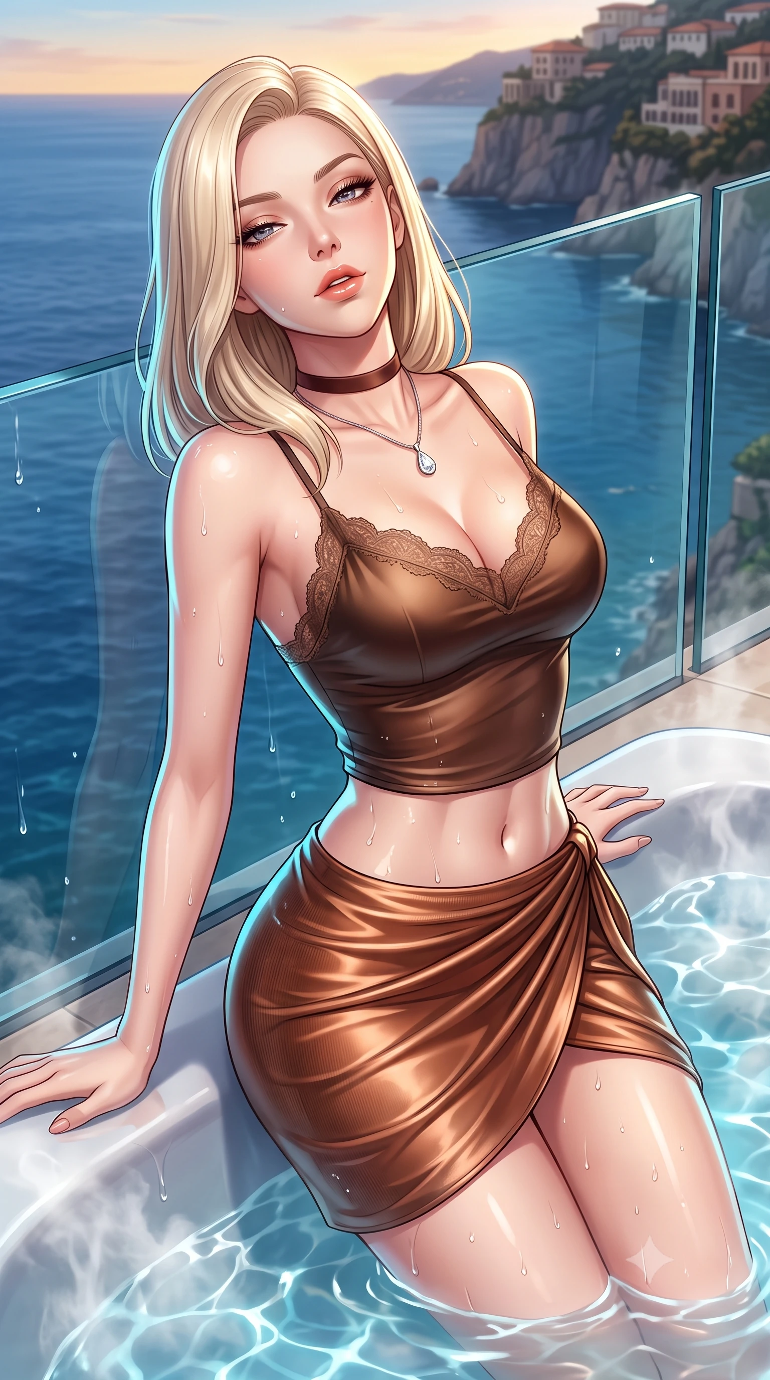 score_9, masterpiece, best quality, ultra-detailed, high-budget anime keyframe, semi-realistic 3D game render, editorial fashion photography, tasteful artistic composition, Korean woman. close-up cowboy shot from the waist and thighs up, the character dominates the composition, filling the frame with her large presence. leaning back against the steaming jacuzzi edge with relaxed seductive grace, head tilted back slightly while casting a hypnotic, heavy-lidded gaze while leaning against the infinity glass pool wall cantilevered over the ocean with hips cocked back, looking back with an intoxicating, smoldering bedroom-smile. The surrounding environment is rendered in vivid detail and crisp panoramic clarity: detailed wet fabric weave, glistening water drops on skin, and cliffside architecture in high resolution. She has an exceptionally elegant, slender, and willowy female figure with an ultra-slim waist, flat toned midriff, narrow ribcage, and sculpted feminine hips creating an alluring, slim hourglass silhouette without bulk. sharp v-shaped jawline, high-bridge nose, sparkling eyes with hypnotic seductive depth, thick curled eyelashes, glossy parted lips with a natural dewy peach sheen, alluring bedroom-eyes with an enchanting coquettish smile, exuding magnetic siren charisma and sophisticated high-fashion glamour, flawlessly proportioned anatomical accuracy, strict slender model proportions, natural body alignment, perfectly sculpted long slender limbs, ultra-slim waistline, clean dynamic posture without body distortion. wearing a delicate lace-trimmed silk camisole paired with a draped satin wrap sarong mini skirt in sultry espresso bronze and metallic copper, tailored from fine ribbed modal knit with gentle elastic contouring and soft hand-feel, finished with a thin velvet ribbon choker and a single teardrop diamond pendant, the second-skin tailored fabric adhering flawlessly to her sculpted flat midriff and slender torso, emphasizing her long leg lines and perfectly proportioned willowy build. illuminated by aquatic caustic bounce and sharp platinum-cyan rim lights sculpting her jawline, narrow waist, and curvy hips. highly saturated vibrant anime colors, detailed shading with soft gradients, rich glossy textures, high-contrast stereoscopic depth, volumetric dynamic lighting, master piece, 9:16 ratio