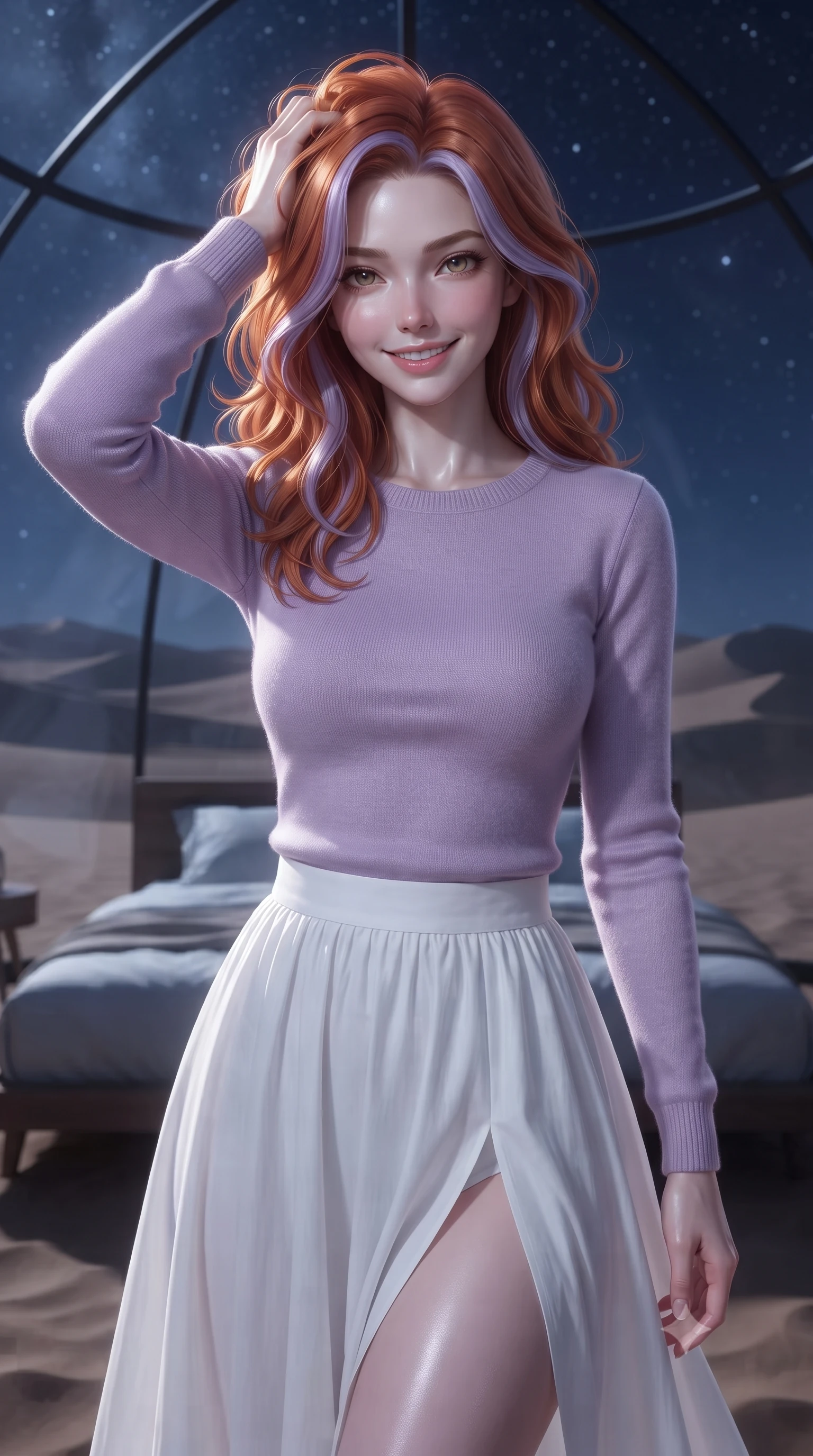 score_9, masterpiece, best quality, ultra-detailed, high-budget anime keyframe, editorial fashion photography, tasteful artistic composition, Caucasian woman. close-up cowboy shot from the waist and thighs up, the character dominates the composition, filling the frame with her large presence, background elements kept in soft focus. smiling with quiet, magnetic self-assurance directly into the camera, running a hand through her hair the background shows a soft-focus a private glass dome bedroom built in the middle of a vast sand desert at night. She has an exceptionally elegant, slender, and willowy female figure with an ultra-slim waist, a gracefully sculpted slender torso, and a refined silhouette. sharp v-shaped jawline, high-bridge nose, intricate jewel-like eyes with depth, thick eyelashes, glossy lips with a natural sheen. wearing a slim-fit soft lavender knit sweater paired with a flowy white cotton maxi skirt. soft silver moonlight wrapping her silhouette in a cool cosmic glow. ultra-reflective glossy finish, specular highlights, metallic sheen, high-contrast stereoscopic depth, volumetric dynamic lighting, 2k, ultra detail, master piece, 9:16 ratio