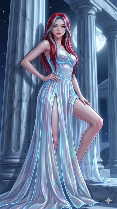 score_9, masterpiece, best quality, ultra-detailed, High-budget Anime Keyframe, East Asian woman. Low angle cowboy shot filling the entire 9:16 frame with her statuesque presence. Scenario 23: Leaning against a cold marble pillar in a moonlit greek t