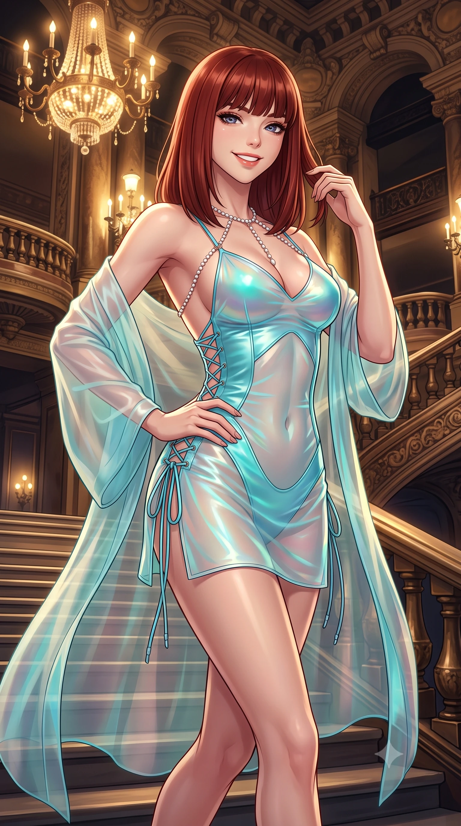 score_9, masterpiece, best quality, ultra-detailed, high-budget anime keyframe, semi-realistic 3D game render, editorial fashion photography, tasteful artistic composition, Caucasian woman. close-up cowboy shot from the waist and thighs up, the character dominates the composition, filling the frame with her large presence. twisting her slender torso in an alluring contrapposto stance, one hand resting on her sculpted hip while her fingers toy with her hair with effortless poise while walking slowly down the grand private staircase with tall poised strides, evening breezes molding her sheer gown to her hourglass curves. The surrounding environment is rendered in vivid detail and crisp panoramic clarity: detailed translucent gossamer silk robe drape, strappy satin demi-bustier cling, and historic luxury craft in high resolution. She has an exceptionally elegant, slender, and willowy female figure with an ultra-slim waist, flat toned midriff, narrow ribcage, and sculpted feminine hips creating an alluring, slim hourglass silhouette without bulk. sharp v-shaped jawline, high-bridge nose, intricate jewel-like sparkling eyes with depth, thick eyelashes, glossy parted lips with a natural peach sheen, bright cheerful beaming smile with an enchanting and coquettish sensual glint, exuding both youthful cute charm and seductive allure, flawlessly proportioned anatomical accuracy, strict slender model proportions, natural body alignment, perfectly sculpted long slender limbs, ultra-slim waistline, clean dynamic posture without body distortion. wearing an alluring sheer gossamer slip dress with side lace-up corset ties revealing glimpses of her hip curve in Neo-Carthage holographic cyan and solar chrome, woven from buttery-soft stretch lambskin leather adhering to her body like a second skin, accented with a pearl-drop body harness subtly framing her dewy collarbones and spine, the precision-cut side openings and low-back scoop framing her graceful spine and the sensual sweep of her slim, toned hips. bathed in the opulent golden 2600K radiance of multi-tiered Art Deco chandeliers dimmed to an intimate evening glow. highly saturated vibrant anime colors, detailed shading with soft gradients, rich glossy textures, high-contrast stereoscopic depth, volumetric dynamic lighting, master piece, 9:16 ratio