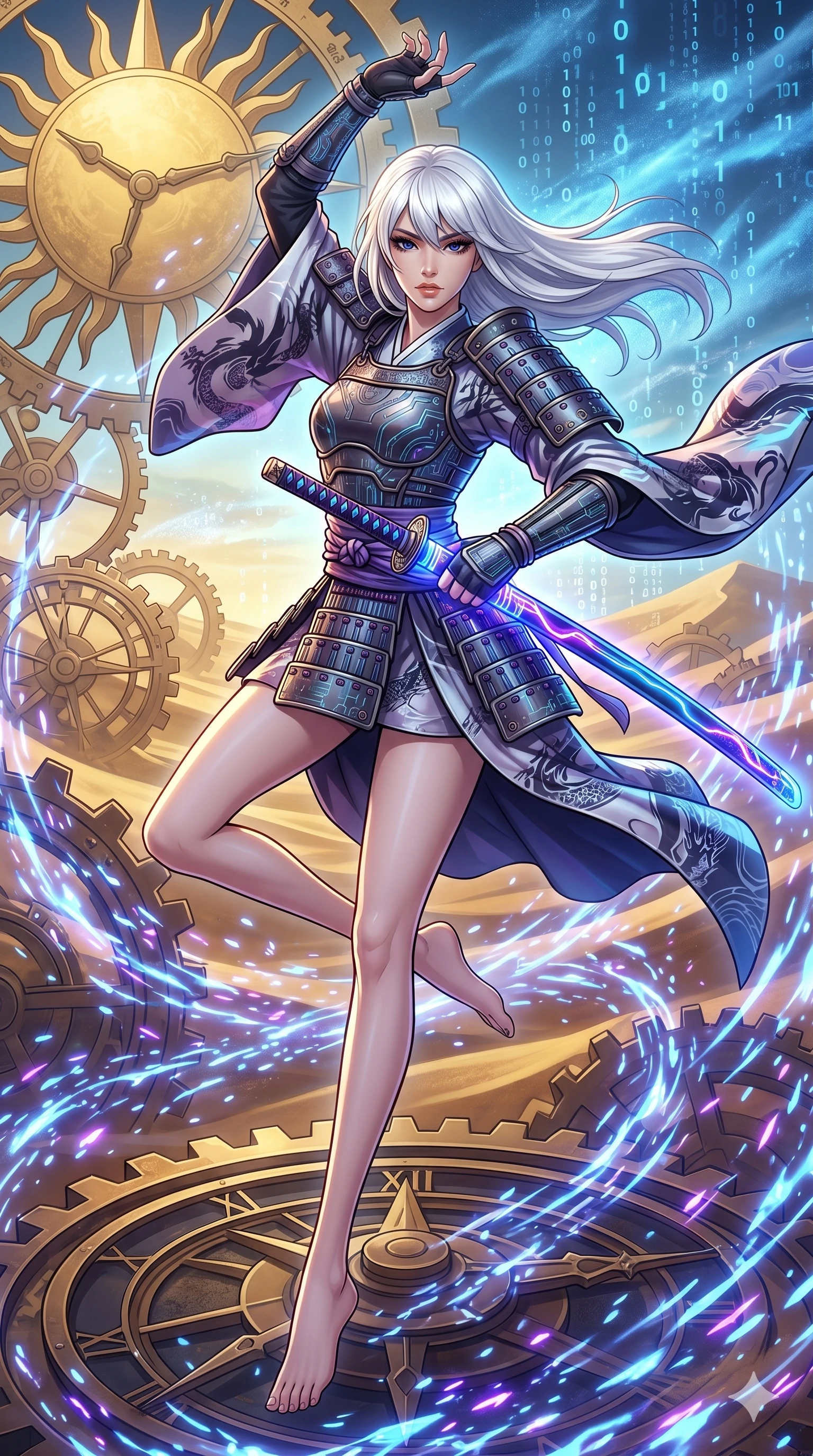 score_9, masterpiece, best quality, ultra-detailed, Set A: High-budget Anime Keyframe, Korean woman. Upper body close-up from the thighs up, character filling the screen for maximum presence. Dancing through a clockwork desert, while a digital blizzard of 249 bits obscures the horizon and surrounded by glowing energy sparks. She has an absolutely perfect 8-heads proportion, an exceptionally tall and slender female figure with impossibly long slender legs and an ultra-slim waist. Sharp v-shaped jawline, high-bridge nose, intricate jewel-like eyes with depth, thick eyelashes, glossy lips with a natural sheen. Wearing Cyber-samurai gear with a short silk kimono and glowing neon katana sheath. Cinematic lighting, vibrant colors, dramatic shadows, 2k, ultra detail, master piece, 9:16 ratio