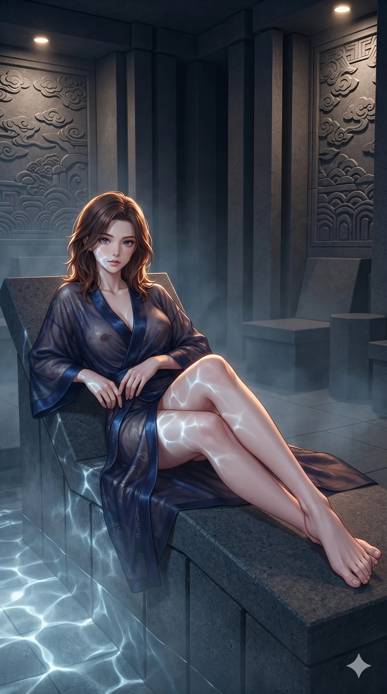 score_9, masterpiece, best quality, ultra-detailed, high-budget anime keyframe, editorial fashion photography, tasteful artistic composition, Korean woman. close-up cowboy shot from the waist and thighs up, the character dominates the composition, filling the frame with her large presence. twisting her slender torso in a deep contrapposto stance, hips dramatically shifted to accentuate her feminine curves while looking past her shoulder with smoldering bedroom-eyes while lounging gracefully on the heated basalt spa lounger propped on one elbow with legs extended, her sculpted silhouette and flat midriff radiating magnetic nocturnal glamour. The surrounding environment is rendered in vivid detail and crisp panoramic clarity: sharp columnar basalt geometry, textured stone carving reliefs, and crisp paper lantern crease lines in deep focus. She has an exceptionally elegant, slender, and willowy female figure with an ultra-slim waist, flat toned midriff, narrow ribcage, and sculpted feminine hips creating an alluring, slim hourglass silhouette without bulk. sharp v-shaped jawline, high-bridge nose, intricate jewel-like sparkling eyes with depth, thick eyelashes, glossy parted lips with a natural sheen, intensely captivating and seductive bedroom-eyes expression, exuding both youthful cute charm and sovereign luxury allure, flawlessly proportioned anatomical accuracy, strict slender model proportions, natural body alignment, perfectly sculpted long slender limbs, ultra-slim waistline, clean dynamic posture without body distortion. wearing a delicate semi-translucent silk yukata that clings to her wet skin and curvy hip contours in midnight sapphire blue and liquid platinum, tailored from high-gloss patent leather with mirror-like specular highlights, accented with a delicate gold chain belt resting loosely on her curvy hips, the impeccably tailored cut draping gracefully along her slender figure with aristocratic poise. illuminated by water reflection bounce and sharp amber-gold rim lights sculpting her razor-sharp jawline, narrow waist, and curvy hips. ultra-reflective glossy finish, specular highlights, rich textural contrasts, high-contrast stereoscopic depth, volumetric dynamic lighting, 2k, ultra detail, master piece, 9:16 ratio