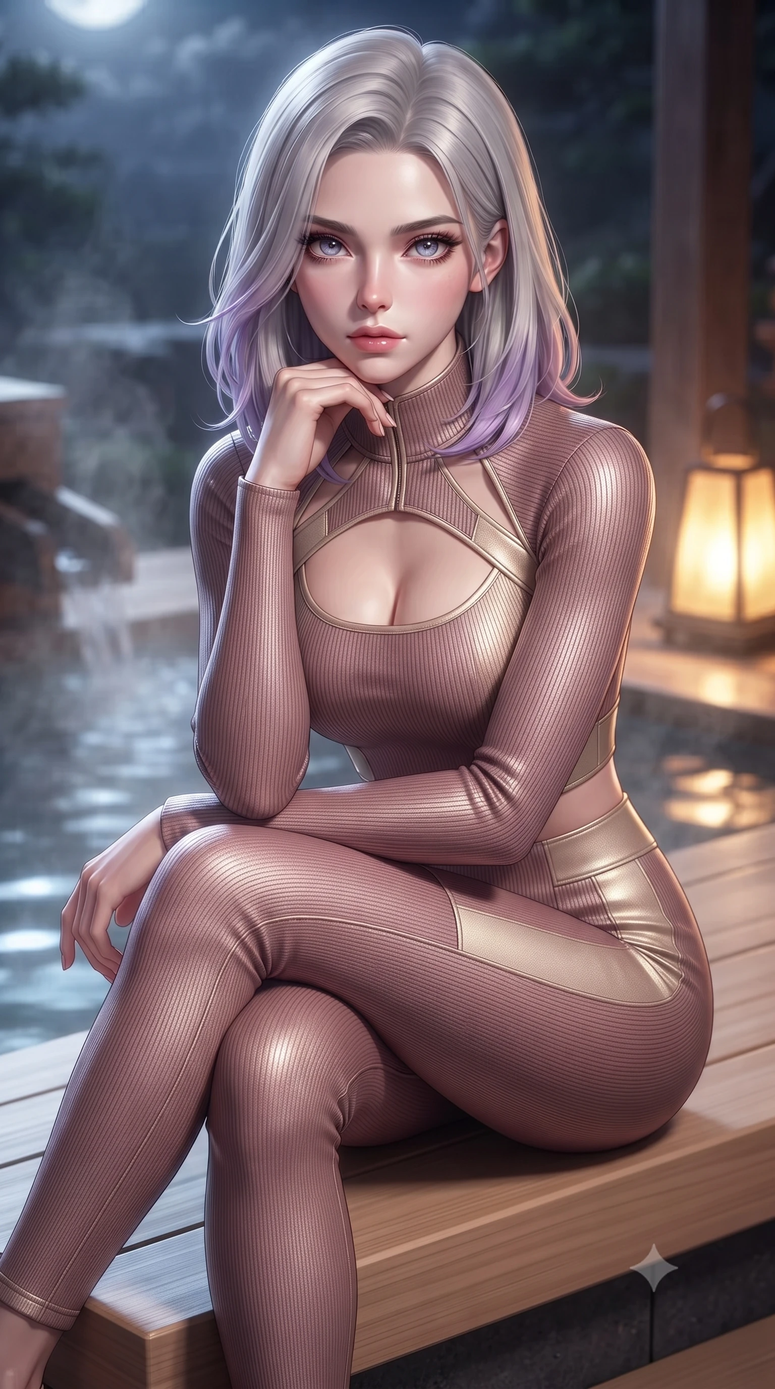 score_9, masterpiece, best quality, ultra-detailed, high-budget anime keyframe, editorial fashion photography, tasteful artistic composition, Caucasian woman. close-up cowboy shot from the waist and thighs up, the character dominates the composition, filling the frame with her large presence, background elements kept in soft focus. Resting her chin on the backs of her fingers, casting a sharp, mysterious gaze sitting gracefully on a smooth hinoki wood platform beside a steaming outdoor thermal bath, swirling thermal steam clouds scattering soft golden lantern light. She has an exceptionally elegant, slender, and willowy female figure with an ultra-slim waist, a gracefully sculpted slender torso, and a refined silhouette. sharp v-shaped jawline, high-bridge nose, intricate jewel-like eyes with depth, thick eyelashes, glossy lips with a natural sheen. wearing a form-fitting ribbed activewear set with collar cutouts in dusty rose and champagne gold, made of fine carbon-fiber weave and soft matte leather, accented with a Tasteful chest slit framing her clavicle gracefully, the elegant draped fit framing her graceful clavicle and slender torso. illuminated by serene silver moonlight and warm amber hearth reflections. highly saturated vibrant anime colors, detailed shading with soft gradients, rich glossy textures, high-contrast stereoscopic depth, volumetric dynamic lighting, master piece, 9:16 ratio