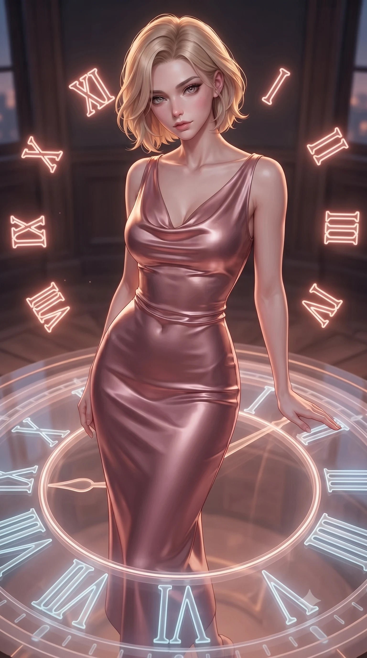 score_9, masterpiece, best quality, ultra-detailed, high-budget anime keyframe, editorial fashion photography, tasteful artistic composition, Caucasian woman. close-up cowboy shot from the waist and thighs up, the character dominates the composition, filling the frame with her large presence, background elements kept in soft focus. Leaning slightly forward with a composed, seductive gaze under soft glowing light standing atop a giant translucent Roman numeral clock dial in a high tower, glowing neon clock numbers floating in the air with vintage elegancy. She has an exceptionally elegant, slender, and willowy female figure with an ultra-slim waist, a gracefully sculpted slender torso, and a refined silhouette. sharp v-shaped jawline, high-bridge nose, intricate jewel-like eyes with depth, thick eyelashes, glossy lips with a natural sheen. wearing an elegant cowl-neck satin midi dress in dusty rose with a graceful draped neckline, the elegant draped fit framing her graceful clavicle and slender torso. bathed in warm twilight amber backlighting and rich metallic specular glow. ultra-reflective glossy finish, specular highlights, metallic sheen, high-contrast stereoscopic depth, volumetric dynamic lighting, 2k, ultra detail, master piece, 9:16 ratio