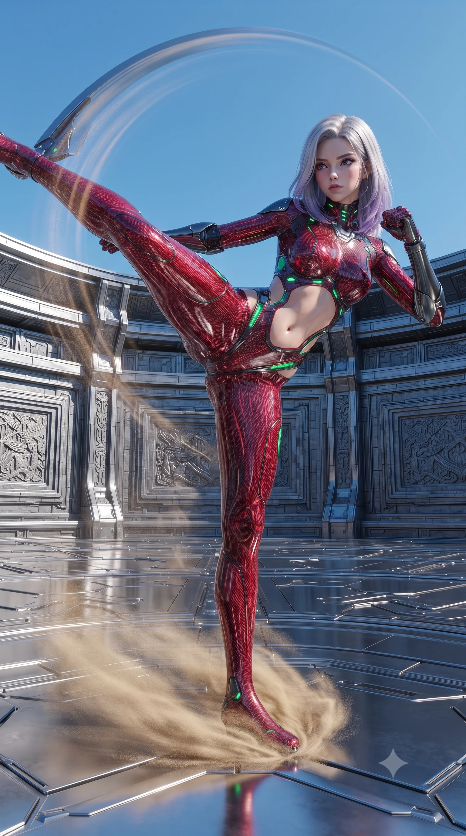 score_9, masterpiece, best quality, ultra-detailed, high-budget anime keyframe, editorial fashion photography, tasteful artistic composition, Caucasian woman. low angle full-body shot from head to toe showing her feet, filling the entire 9:16 vertical frame with her statuesque presence, stretching her vertical silhouette. pivoting dynamically in a high-speed low sweep kick along the reflective floor, her athletic torso and ultra-slim waist twisting in a fluid arc of power while executing a vertical 180-degree mid-air spinning axe kick in a vast cybernetic colosseum arena as sand swirls beneath her feet. The surrounding environment is rendered in vivid detail and crisp panoramic clarity. intricate titanium armor plating bevels, colosseum wall carvings, and clear blue sky in high clarity. She has an absolutely perfect, statuesque 8.5-heads proportion, an exceptionally tall and slender model-like female figure with impossibly long slender legs, a toned flat midriff, and an ultra-slim waist. sharp v-shaped jawline, high-bridge nose, intricate jewel-like eyes with depth, thick eyelashes, glossy lips with a natural sheen, flawlessly proportioned anatomical accuracy, strict slender model proportions, natural body alignment, perfectly sculpted long slender limbs, ultra-slim waistline, clean dynamic posture without body distortion. wearing a skin-tight crimson carbon-weave battle-suit with metallic dark chrome elbow dampers and hip-accentuating cutouts in emerald green carbon composite with glowing lime laser channels, crafted from semi-translucent cybernetic carbon-vinyl interwoven with glowing micro-filaments, featuring a sleek aerodynamic collar framed by subtle glowing cybernetic status LEDs, the precision-cut daring openings accentuating her delicate midriff, graceful bare collarbones, and ultra-slim feminine waistline. illuminated by crisp white key lighting with sharp specular highlights tracing her ultra-slim waist and long legs. ultra-reflective glossy finish, specular highlights, dark metallic sheen, high-contrast stereoscopic depth, volumetric dynamic lighting, 2k, ultra detail, master piece, 9:16 ratio