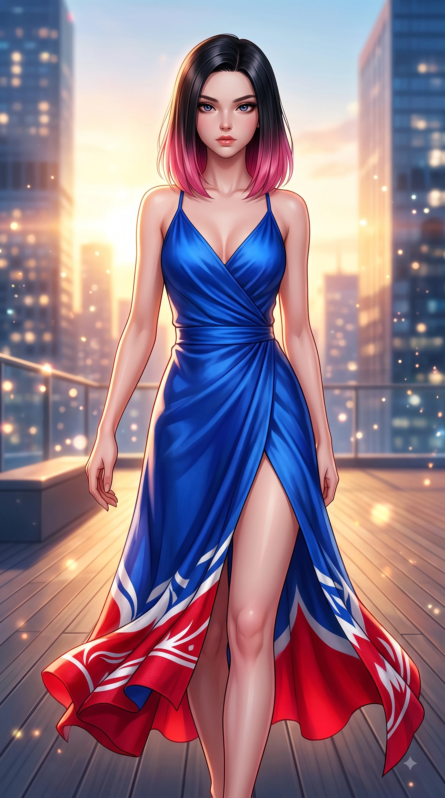 score_9, masterpiece, best quality, ultra-detailed, high-budget anime keyframe, editorial fashion photography, tasteful artistic composition, Korean woman. close-up cowboy shot from the waist and thighs up, the character dominates the composition, filling the frame with her large presence. Haughty, chic expression with a poised chin-tilt and an aloof, magnetic gaze commanding attention while walking down a sunlit rooftop deck as golden hour light paints the modern city towers. The composition keeps background elements in soft focus with dreamy bokeh. twinkling city tower lights and glowing sunset sky blurred into sparkling urban bokeh. She has an exceptionally elegant, slender, and willowy female figure with an ultra-slim waist, a gracefully sculpted slender torso, and a refined silhouette. sharp v-shaped jawline, high-bridge nose, intricate jewel-like eyes with depth, thick eyelashes, glossy lips with a natural sheen, flawlessly proportioned anatomical accuracy, natural body alignment, perfectly sculpted elegant limbs, clean dynamic posture without body distortion. wearing an electric cobalt blue silk wrap dress with a graceful flowing hem in vibrant crimson red and crisp snow white, crafted from soft breathable Italian linen, finished with a sleek side slit ascending to mid-thigh, the fluid drape swaying gracefully with her dynamic editorial movement. bathed in dramatic golden hour sunset glow and vibrant urban night lights. highly saturated vibrant anime colors, detailed shading with soft gradients, rich glossy textures, high-contrast stereoscopic depth, volumetric dynamic lighting, master piece, 9:16 ratio