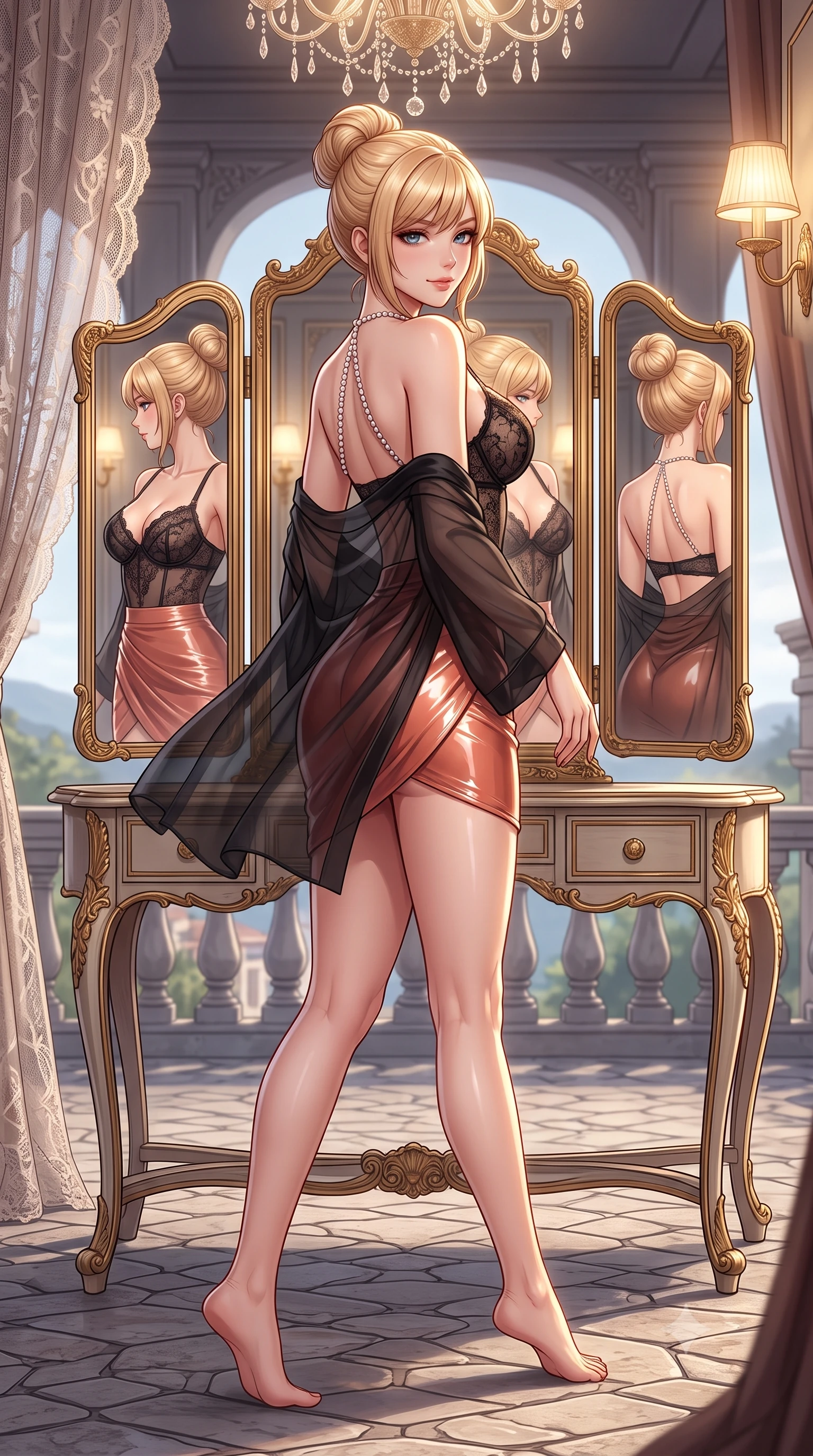 score_9, masterpiece, best quality, ultra-detailed, high-budget anime keyframe, semi-realistic 3D game render, editorial fashion photography, tasteful artistic composition, Caucasian woman. low angle full-body shot from head to toe showing her feet, filling the entire 9:16 vertical frame with her statuesque presence, stretching her vertical silhouette. walking along the terrace with poise, looking back over her bare shoulder with an irresistible smoldering bedroom-gaze while sitting poised at the antique gilded trifold vanity mirror, arching her back with seductive indulgence as multiple reflections capture her curves. The surrounding environment is rendered in vivid detail and crisp panoramic clarity: detailed delicate French Chantilly lace teddy drape, sheer silk robe slipping off shoulders, and bespoke interior craft in razor-sharp precision. She has an absolutely perfect, statuesque 8.5-heads proportion, an exceptionally tall and slender model-like female figure with impossibly long slender legs, an ultra-slim waist, a flat toned midriff, narrow delicate ribcage, and beautifully sculpted feminine hips creating a graceful, slim hourglass silhouette without any bulky heaviness. sharp v-shaped jawline, high-bridge nose, sparkling eyes with hypnotic seductive depth, thick curled eyelashes, glossy parted lips with a natural dewy peach sheen, alluring bedroom-eyes with an enchanting coquettish smile, exuding magnetic siren charisma and sophisticated glamour, flawlessly proportioned anatomical accuracy, strict slender model proportions, natural body alignment, perfectly sculpted long slender limbs, ultra-slim waistline, clean dynamic posture without body distortion. wearing a sculpted underwire demi-bustier in semi-sheer lace paired with an ultra-short draped tulip skirt in Positano terracotta and blush peach, crafted from wet-look high-gloss vinyl fabric with dazzling specular surface reflections, accented with a pearl-drop body harness subtly framing her dewy collarbones and spine, the form-contouring silhouette accentuating her sculpted flat midriff, narrow delicate ribcage, and gracefully curvy hips with intoxicating allure. bathed in intimate warm 2700K vanity sconce lighting combined with overhead chandelier sparkle creating multi-angle highlights. highly saturated vibrant anime colors, detailed shading with soft gradients, rich glossy textures, high-contrast stereoscopic depth, volumetric dynamic lighting, master piece, 9:16 ratio
