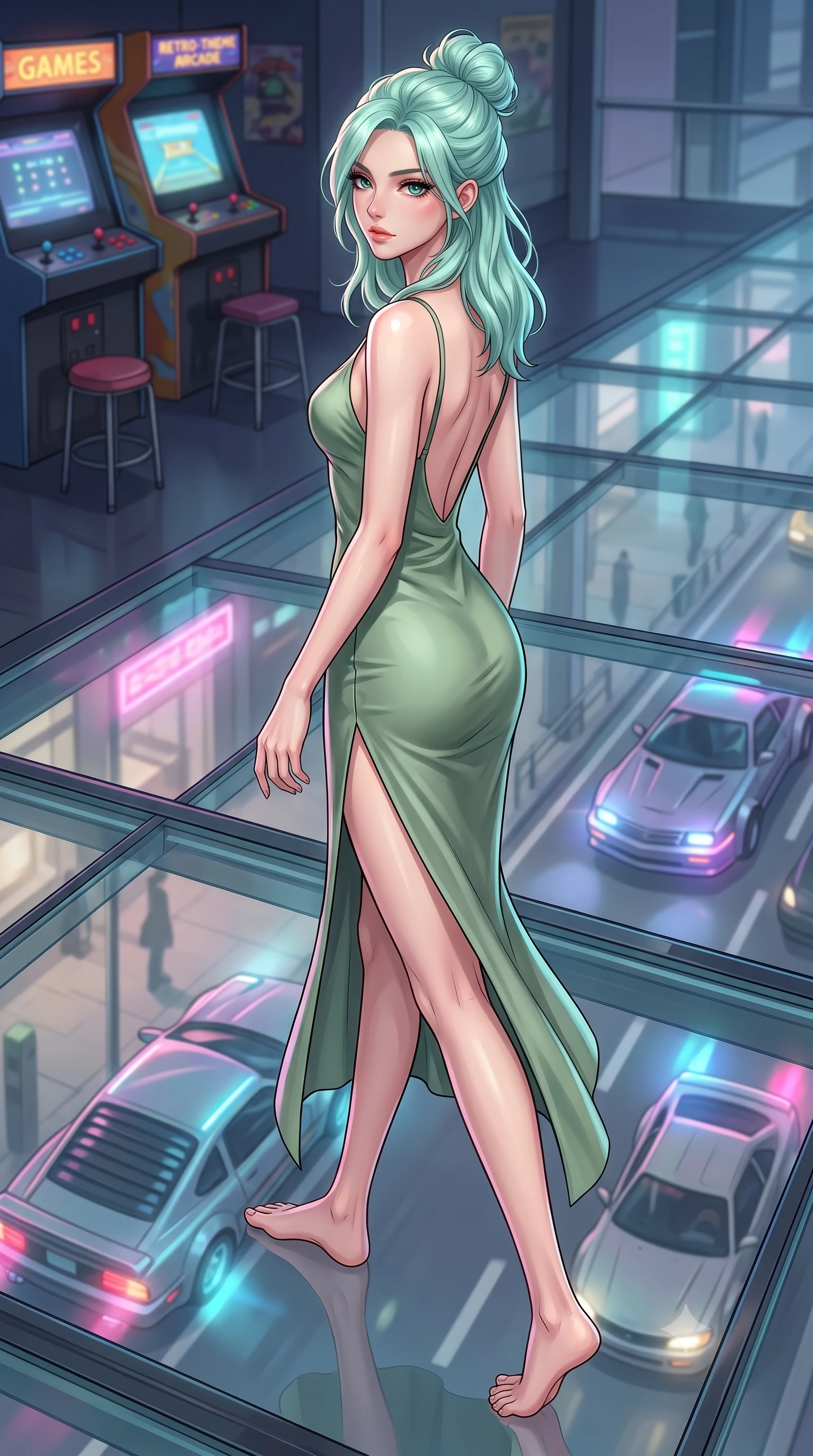 score_9, masterpiece, best quality, ultra-detailed, high-budget anime keyframe, editorial fashion photography, tasteful artistic composition, Japanese woman. low angle full-body shot from head to toe showing her feet, filling the entire 9:16 vertical frame with her statuesque presence, stretching her vertical silhouette. walking slowly along a glass skybridge, looking back over her shoulder with an air of effortless grace, the background shows a soft-focus a metropolitan street outside a retro game arcade with hover-cars passing. She has an absolutely perfect, statuesque 8.5-heads proportion, an exceptionally tall and slender model-like female figure with impossibly long slender legs and an ultra-slim waist. sharp v-shaped jawline, high-bridge nose, intricate jewel-like eyes with depth, thick eyelashes, glossy lips with a natural sheen. wearing a body-hugging lightweight silk combat slip dress in sage green, featuring a high side slit and a low-cut back. dynamic flashing lights from hover-cars casting moving shadows on her face. highly saturated vibrant anime colors, detailed shading with soft gradients, rich glossy textures, high-contrast stereoscopic depth, volumetric dynamic lighting, master piece, 9:16 ratio