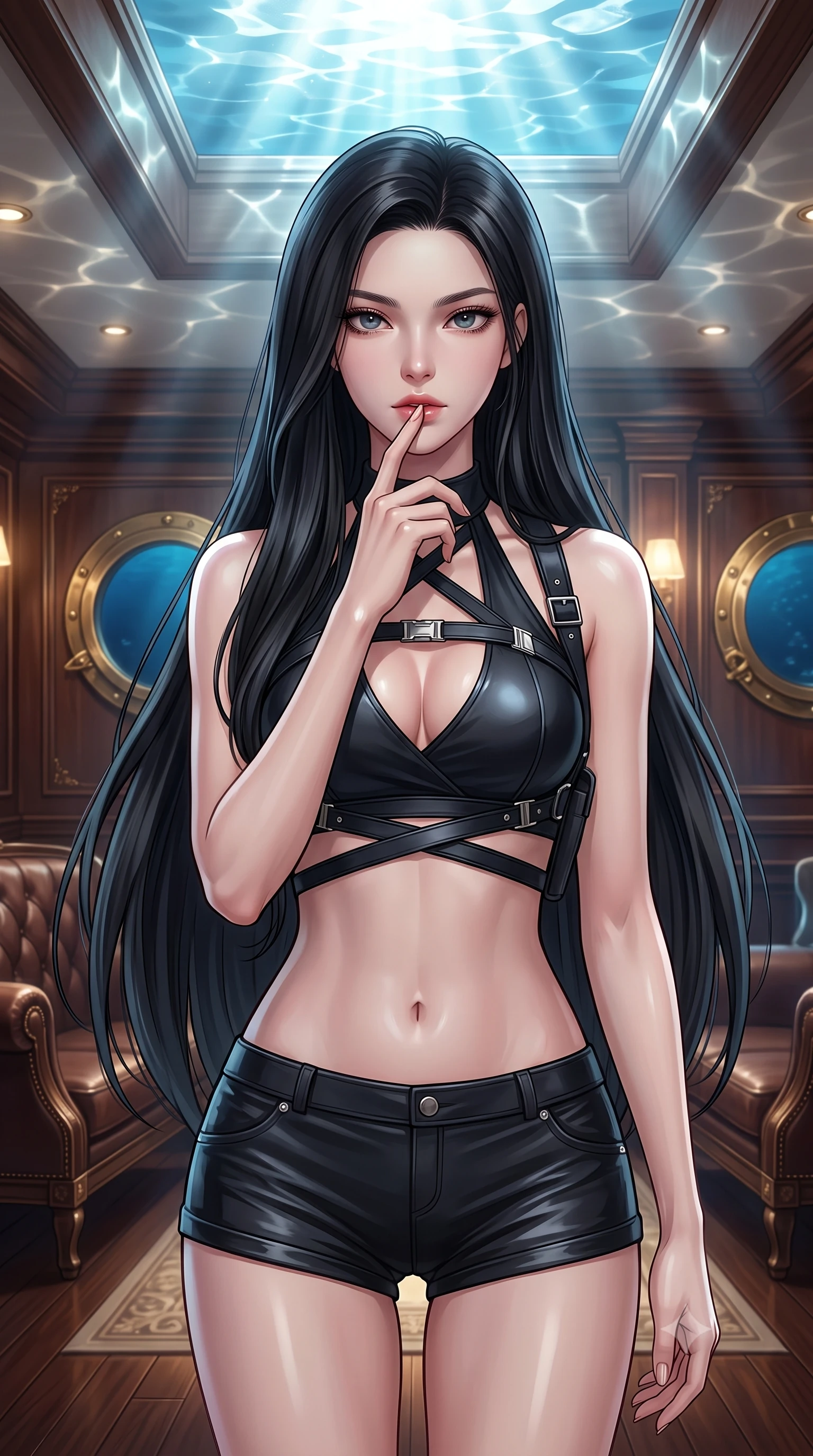 score_9, masterpiece, best quality, ultra-detailed, high-budget anime keyframe, editorial fashion photography, tasteful artistic composition, Korean woman. close-up cowboy shot from the waist and thighs up, the character dominates the composition, filling the frame with her large presence, background elements kept in soft focus. pressing one finger to her bottom lip in a thoughtful, composed gesture, locking eyes with the viewer, the background shows a soft-focus a private ballroom cabin room of an abyssal research yacht with brass portholes. She has an exceptionally elegant, slender, and willowy female figure with an ultra-slim waist, a gracefully sculpted slender torso, and a refined silhouette. sharp v-shaped jawline, high-bridge nose, intricate jewel-like eyes with depth, thick eyelashes, glossy lips with a natural sheen. wearing a tailored backless halter-neck combat top with criss-cross strapping, paired with carbon-alloy micro-shorts. shimmering sunbeams reflecting from the water surface onto the ceiling. highly saturated vibrant anime colors, detailed shading with soft gradients, rich glossy textures, high-contrast stereoscopic depth, volumetric dynamic lighting, master piece, 9:16 ratio