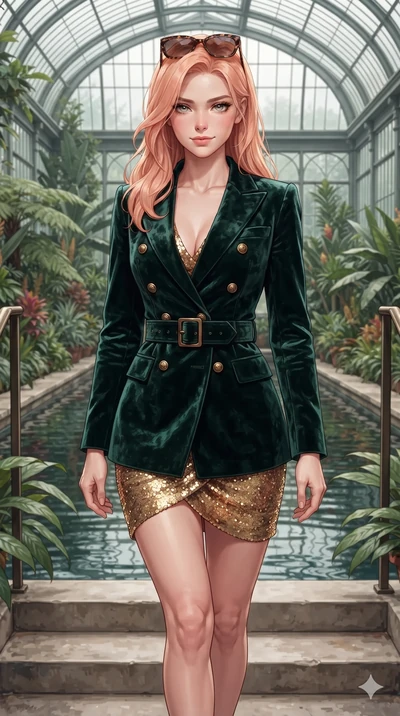 Japanese woman. smiling with quiet, magnetic self-assurance directly into the camera, her sculpted waistline catching specular highlights while walking slowly down the bridge steps with feline poise, her long slender legs and curvy hourglass hips commanding the grand water conservatory. The surrounding environment is rendered in vivid detail and...