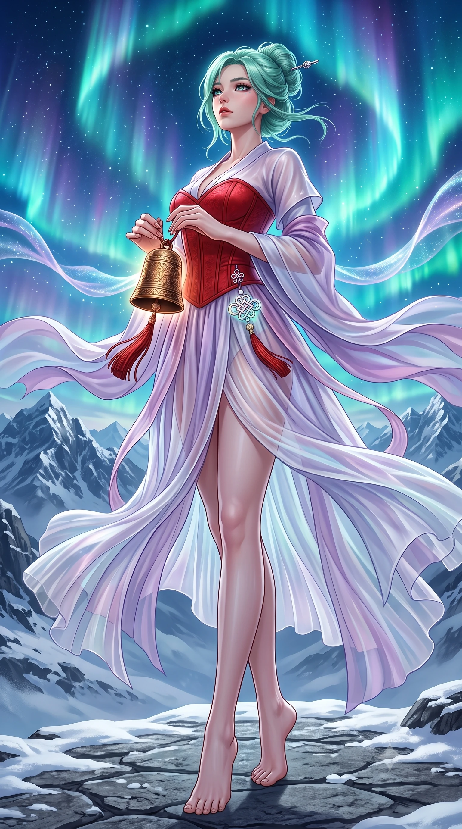 score_9, masterpiece, best quality, ultra-detailed, high-budget anime keyframe, semi-realistic 3D game render, editorial fashion photography, tasteful artistic composition, Japanese woman. low angle full-body shot from head to toe showing her feet, filling the entire 9:16 vertical frame with her statuesque presence, stretching her vertical silhouette. landing lightly on the balls of her feet in a balanced kinetic stance, eyes locked onto the camera with fearless allure while holding a glowing bronze ritual bell with red tassels, looking up at the aurora-filled sky with reverent, sparkling eyes. The surrounding environment is rendered in vivid detail and crisp panoramic clarity. detailed aurora wave ribbons, distant mountain ranges, and sacred bronze bell engravings in high clarity. She has an absolutely perfect, statuesque 8.5-heads proportion, an exceptionally tall and slender model-like female figure with impossibly long slender legs, a toned flat midriff, and an ultra-slim waist. sharp v-shaped jawline, high-bridge nose, intricate jewel-like eyes with depth, thick eyelashes, glossy lips with a natural sheen, captivating and magnetic expression, flawlessly proportioned anatomical accuracy, strict slender model proportions, natural body alignment, perfectly sculpted long slender limbs, ultra-slim waistline, clean dynamic posture without body distortion. wearing a sacred shrine maiden couture robe with sheer pleated chiffon skirt and structured scarlet corset top in ethereal lilac mist and pearlescent white, crafted from sheer cascading chiffon that ripples like water, accented with a glowing metallic norigae knot charm and silver hairpin, the liquid-tight tailored fabric emphasizing every curve of her tall, slender model proportions and sculptured silhouette during dynamic movement. illuminated by crisp directional rim lighting accentuating her slender curves, bare spine, and flowing robes. highly saturated vibrant anime colors, detailed shading with soft gradients, rich glossy textures, high-contrast stereoscopic depth, volumetric dynamic lighting, master piece, 9:16 ratio