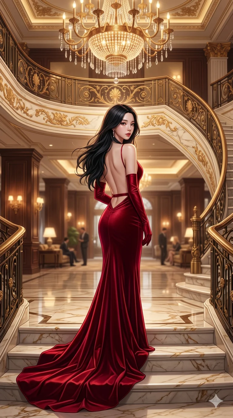 score_9, score_8_up, score_7_up, source_anime, masterpiece, best quality, ultra-detailed, same character with long black hair, wearing an elegant red backless evening gown, standing on a grand marble staircase in a luxury hotel lobby, golden chandeliers, soft bokeh, 2k, ultra detail, master piece, 9:16 ratio