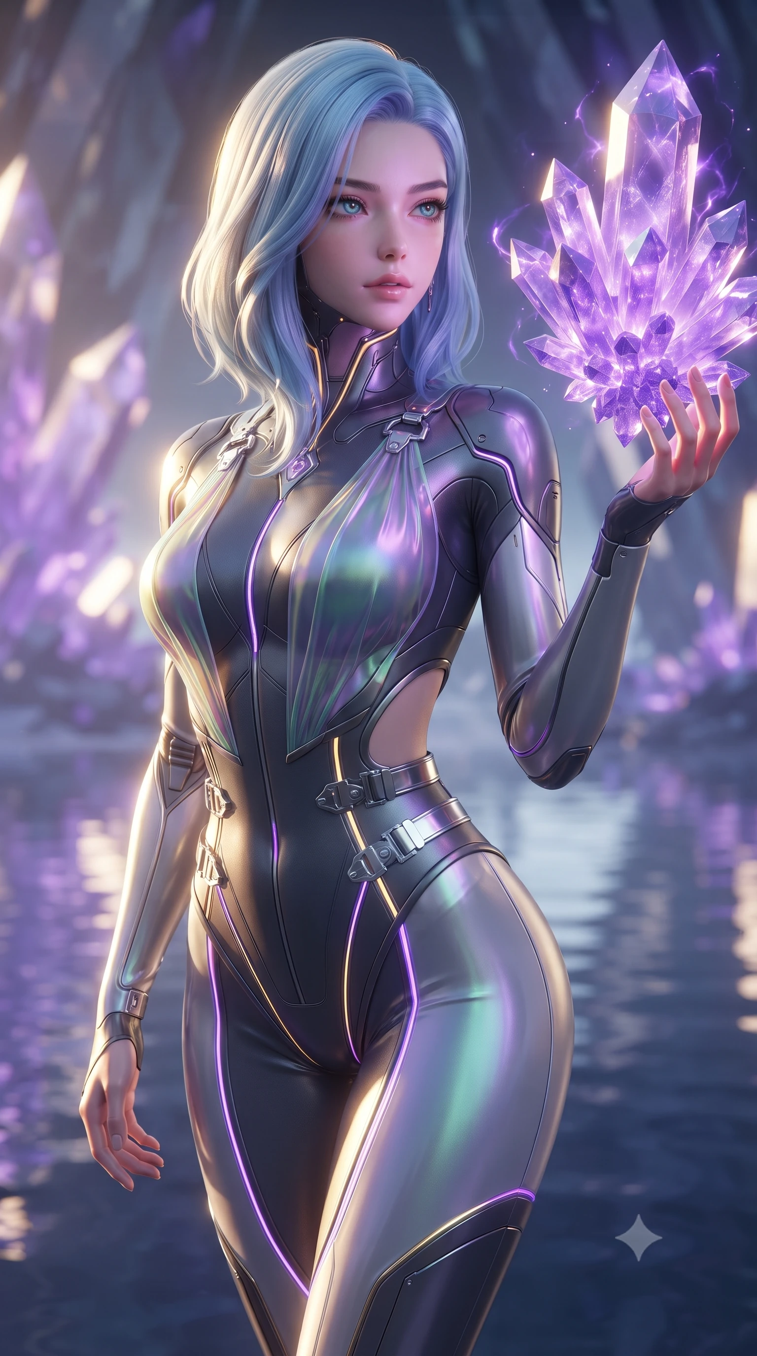score_9, masterpiece, best quality, ultra-detailed, high-budget anime keyframe, editorial fashion photography, tasteful artistic composition, Korean woman. close-up cowboy shot from the waist and thighs up, the character dominates the composition, filling the frame with her large presence, background elements kept in soft focus. Gazing past the camera with an air of effortless elegance and mysterious confidence touching a giant floating violet crystal cluster emitting pulsing energy, still mirror-like water below reflecting her statuesque figure flawlessly. She has an exceptionally elegant, slender, and willowy female figure with an ultra-slim waist, a gracefully sculpted slender torso, and a refined silhouette. sharp v-shaped jawline, high-bridge nose, intricate jewel-like eyes with depth, thick eyelashes, glossy lips with a natural sheen. wearing a skin-tight cybernetic bodysuit with glowing neon seams and side cutouts in charcoal grey and platinum, crafted from iridescent chiffon that shifts colors in the light, detailed with polished silver buckles along the waistline, the glove-like fit emphasizing her statuesque silhouette. lit by warm golden sunlight colliding with cool violet crystal illumination. ultra-reflective glossy finish, specular highlights, metallic sheen, high-contrast stereoscopic depth, volumetric dynamic lighting, 2k, ultra detail, master piece, 9:16 ratio