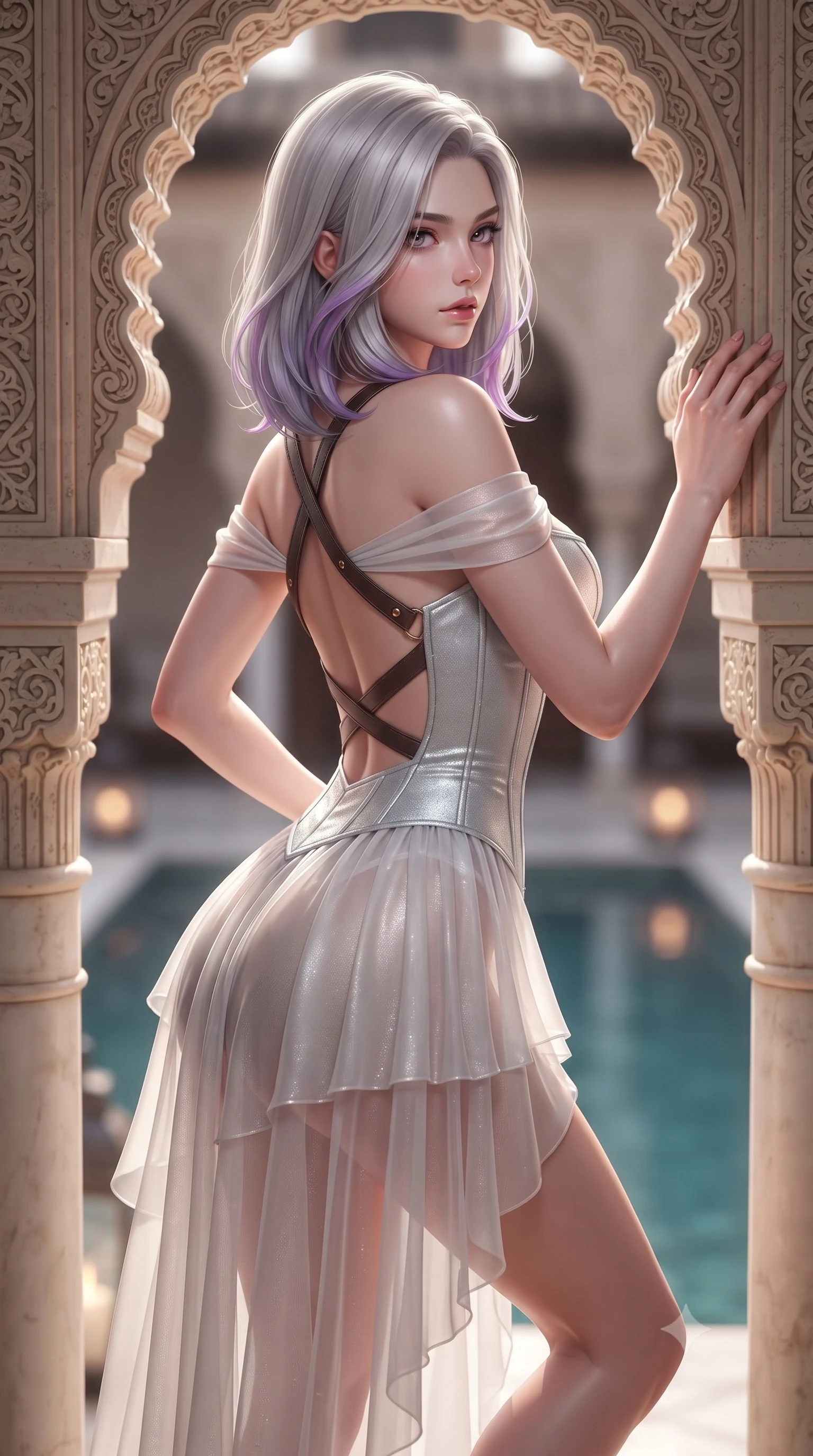 score_9, masterpiece, best quality, ultra-detailed, high-budget anime keyframe, semi-realistic 3D game render, editorial fashion photography, tasteful artistic composition, Caucasian woman. close-up cowboy shot from the waist and thighs up, the character dominates the composition, filling the frame with her large presence. arching her spine backward with effortless dancer poise, one hand sliding along her hip line as directional light carves specular highlights along her silhouette while leaning against an intricately carved stucco archway with hips cocked back, looking over her shoulder with an alluring, sultry Andalusian gaze. The composition keeps background elements in soft focus with creamy bokeh. lantern reflections on the calm pool surface softened in romantic Spanish shallow focus. She has an exceptionally elegant, slender, and willowy female figure with an ultra-slim waist, flat toned midriff, narrow ribcage, and sculpted feminine hips creating an alluring, slim hourglass silhouette without bulk. sharp v-shaped jawline, high-bridge nose, intricate jewel-like eyes with depth, thick eyelashes, glossy parted lips with a natural sheen, intensely captivating and seductive bedroom-eyes expression, flawlessly proportioned anatomical accuracy, strict slender model proportions, natural body alignment, perfectly sculpted long slender limbs, ultra-slim waistline, clean dynamic posture without body distortion. wearing an off-shoulder French court corset bodice dress paired with a tiered translucent chiffon slit skirt in shimmering silver mercury and pearl white, tailored from water-resistant treated wool gabardine and flexible stretch silk, featuring an open-back criss-cross harness strap in dark leather, the second-skin form-contouring cut accentuating her sculpted flat midriff, narrow delicate ribcage, and gracefully curvy hips with supermodel precision. illuminated by soft specular water reflections sharply sculpting her razor-sharp jawline, narrow waist, and curvy hips. highly saturated vibrant anime colors, detailed shading with soft gradients, rich glossy textures, high-contrast stereoscopic depth, volumetric dynamic lighting, master piece, 9:16 ratio