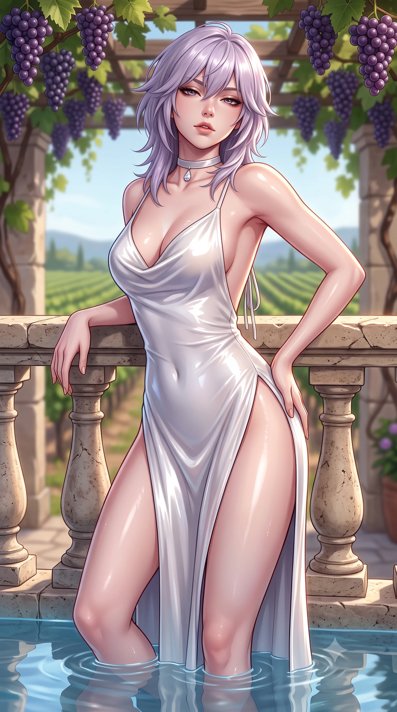 score_9, masterpiece, best quality, ultra-detailed, high-budget anime keyframe, semi-realistic 3D game render, editorial fashion photography, tasteful artistic composition, Japanese woman. close-up cowboy shot from the waist and thighs up, the character dominates the composition, filling the frame with her large presence. leaning back against the balustrade with relaxed seductive grace, head tilted back slightly while casting a hypnotic, heavy-lidded gaze while standing knee-deep in the mirror-smooth pool with hips cocked back, looking over a bare shoulder toward the vineyard with smoldering siren allure. The surrounding environment is rendered in vivid detail and crisp panoramic clarity: sharp travertine stone pool coping, ripe purple grape cluster details on overhead trellis, and pool surface meniscus in deep focus. She has an exceptionally elegant, slender, and willowy female figure with an ultra-slim waist, flat toned midriff, narrow ribcage, and sculpted feminine hips creating an alluring, slim hourglass silhouette without bulk. sharp v-shaped jawline, high-bridge nose, sparkling eyes with hypnotic seductive depth, thick curled eyelashes, glossy parted lips with a natural dewy peach sheen, alluring bedroom-eyes with an enchanting coquettish smile, exuding magnetic siren charisma and sophisticated glamour, flawlessly proportioned anatomical accuracy, strict slender model proportions, natural body alignment, perfectly sculpted long slender limbs, ultra-slim waistline, clean dynamic posture without body distortion. wearing a plunging cowl-neck liquid cashmere-silk slip gown with daring hip-high double slits and delicate back ties in pure pearl alabaster with platinum sheen, crafted from wet-look high-gloss vinyl fabric with dazzling specular surface reflections, finished with a thin velvet ribbon choker and a single teardrop diamond pendant, the high-slit wrap tailoring accentuating her ultra-slim waistline and the enchanting curve of her feminine hips with alluring seductive charm. illuminated by pool water specular reflections and sharp rose-gold rim lights defining her delicate clavicles, ultra-slim waist, and curvy hips. highly saturated vibrant anime colors, detailed shading with soft gradients, rich glossy textures, high-contrast stereoscopic depth, volumetric dynamic lighting, master piece, 9:16 ratio