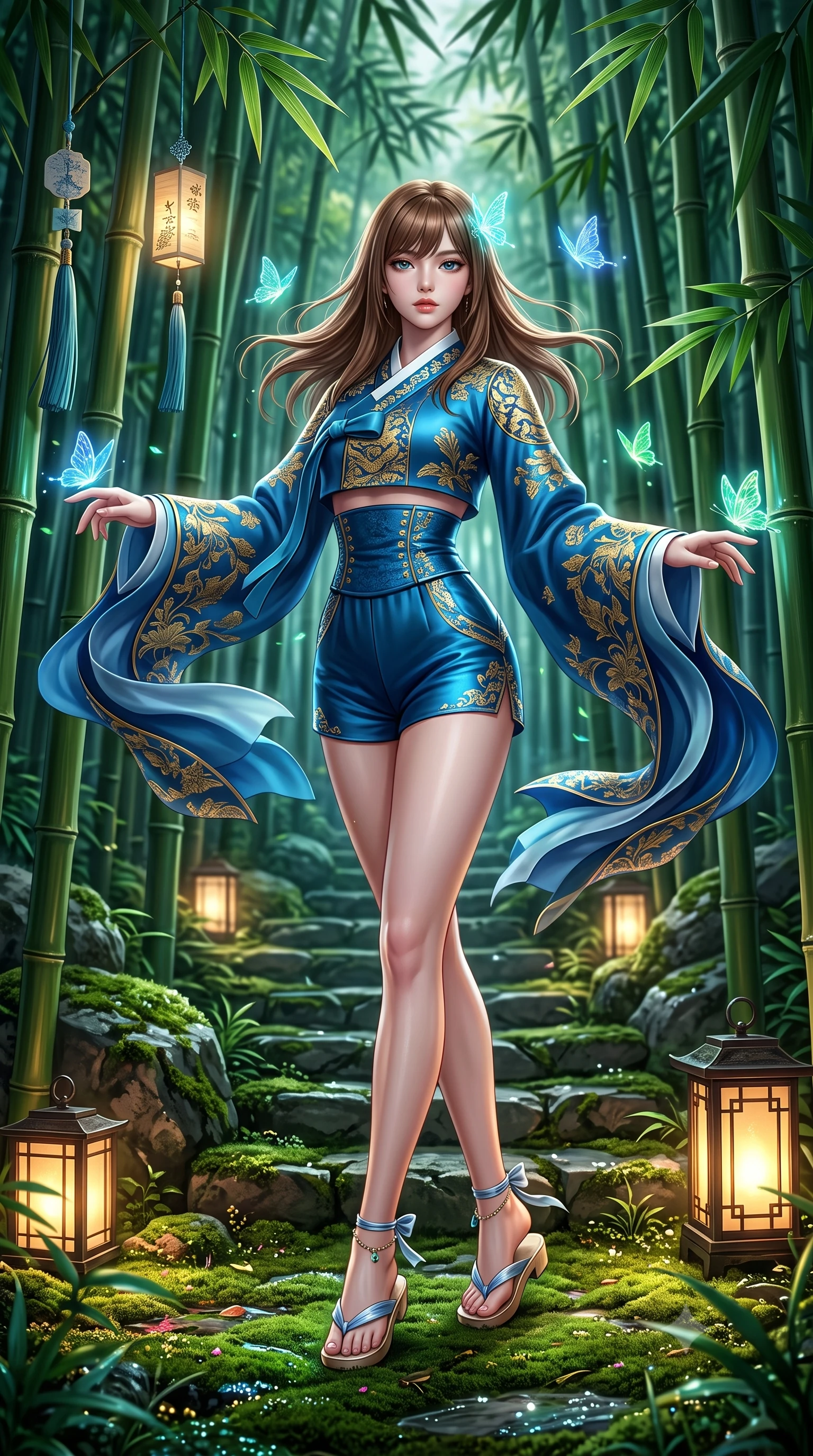 score_9, masterpiece, best quality, ultra-detailed, high-budget anime keyframe, semi-realistic 3D game render, editorial fashion photography, tasteful artistic composition, Korean woman. low angle full-body shot from head to toe showing her feet, filling the entire 9:16 vertical frame with her statuesque presence, stretching her vertical silhouette. executing an elegant mid-motion spin with effortless grace, her garments fluttering softly around her ultra-slim waistline while pivoting gracefully around towering green bamboo stalks as ethereal glowing butterflies dance around her fingertips. The surrounding environment is rendered in vivid detail and crisp panoramic clarity. intricate moss carpets, hanging silk tassels, and bamboo leaf venation in high resolution. She has an absolutely perfect, statuesque 8.5-heads proportion, an exceptionally tall and slender model-like female figure with impossibly long slender legs, a toned flat midriff, and an ultra-slim waist. sharp v-shaped jawline, high-bridge nose, intricate jewel-like eyes with depth, thick eyelashes, glossy lips with a natural sheen, captivating and magnetic expression, flawlessly proportioned anatomical accuracy, strict slender model proportions, natural body alignment, perfectly sculpted long slender limbs, ultra-slim waistline, clean dynamic posture without body distortion. wearing a modern shortened cyber-hanbok crop top with wide billowing sleeves and high-waist silk shorts in deep azure blue and gold leaf embroidery, woven from fine mulberry silk with metallic thread embroidery, accessorized with delicate cherry blossom hairpins and glowing paper lantern charms, the glove-like aerodynamic second-skin fit tightly clinging to her ultra-slender waist and athletic curves without adding bulk, accentuating her razor-sharp statuesque lines and slim hourglass silhouette. surrounded by an enchanting, mysterious, and captivating oriental spirit sorceress aura. highly saturated vibrant anime colors, detailed shading with soft gradients, rich glossy textures, high-contrast stereoscopic depth, volumetric dynamic lighting, master piece, 9:16 ratio