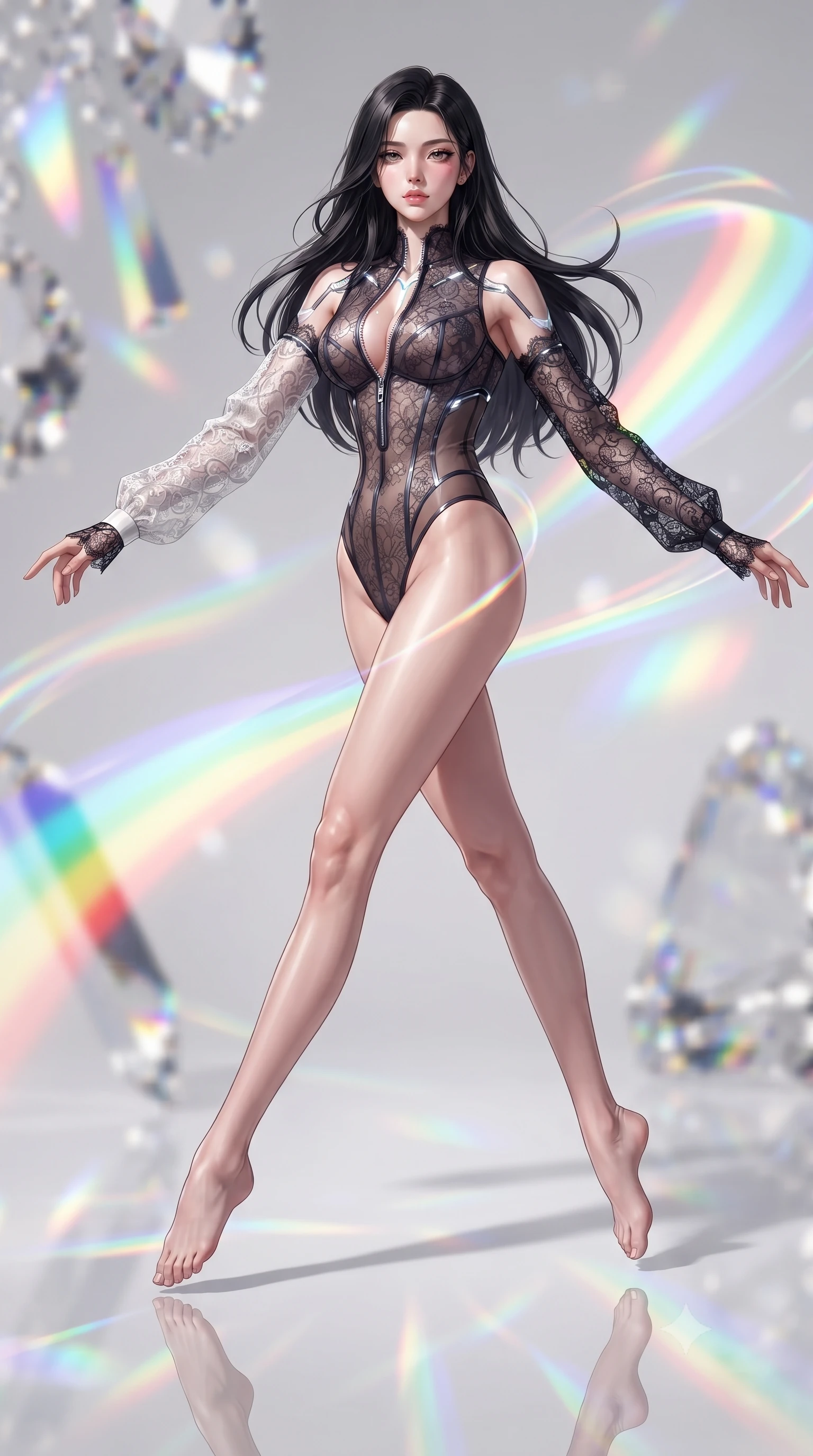 score_9, masterpiece, best quality, ultra-detailed, high-budget anime keyframe, editorial fashion photography, tasteful artistic composition, Korean woman. low angle full-body shot from head to toe showing her feet, filling the entire 9:16 vertical frame with her statuesque presence, stretching her vertical silhouette. leaping through mid-air with an athletic yet alluring arch of her spine, her impossibly long slender legs stretched in flawless poise while pivoting dynamically on a white epoxy floor as vibrant spectrum light bands wrap around her slender figure. The composition keeps background elements in soft focus with creamy bokeh. vibrant rainbow spectrum light beams and crystal facets blurred into dazzling prismatic bokeh. She has an absolutely perfect, statuesque 8.5-heads proportion, an exceptionally tall and slender model-like female figure with impossibly long slender legs, a toned flat midriff, and an ultra-slim waist. sharp v-shaped jawline, high-bridge nose, intricate jewel-like eyes with depth, thick eyelashes, glossy lips with a natural sheen, flawlessly proportioned anatomical accuracy, strict slender model proportions, natural body alignment, perfectly sculpted long slender limbs, ultra-slim waistline, clean dynamic posture without body distortion. wearing a sheer dark lace pattern bodysuit with structured corsetry boning, sheer contouring side panels, and detached lace sleeves in high-gloss monochrome white and sharp black contrast, crafted from delicate dark lace interwoven with luminescent micro-fibers, featuring a dangerously unzipped neckline framed by glowing cybernetic accents, the sleek second-skin cut tightly hugging her graceful clavicle, narrow waist, and feminine curves with athletic precision. illuminated by high-contrast specular reflections on crystal and polished surfaces. ultra-reflective glossy finish, specular highlights, metallic sheen, high-contrast stereoscopic depth, volumetric dynamic lighting, 2k, ultra detail, master piece, 9:16 ratio