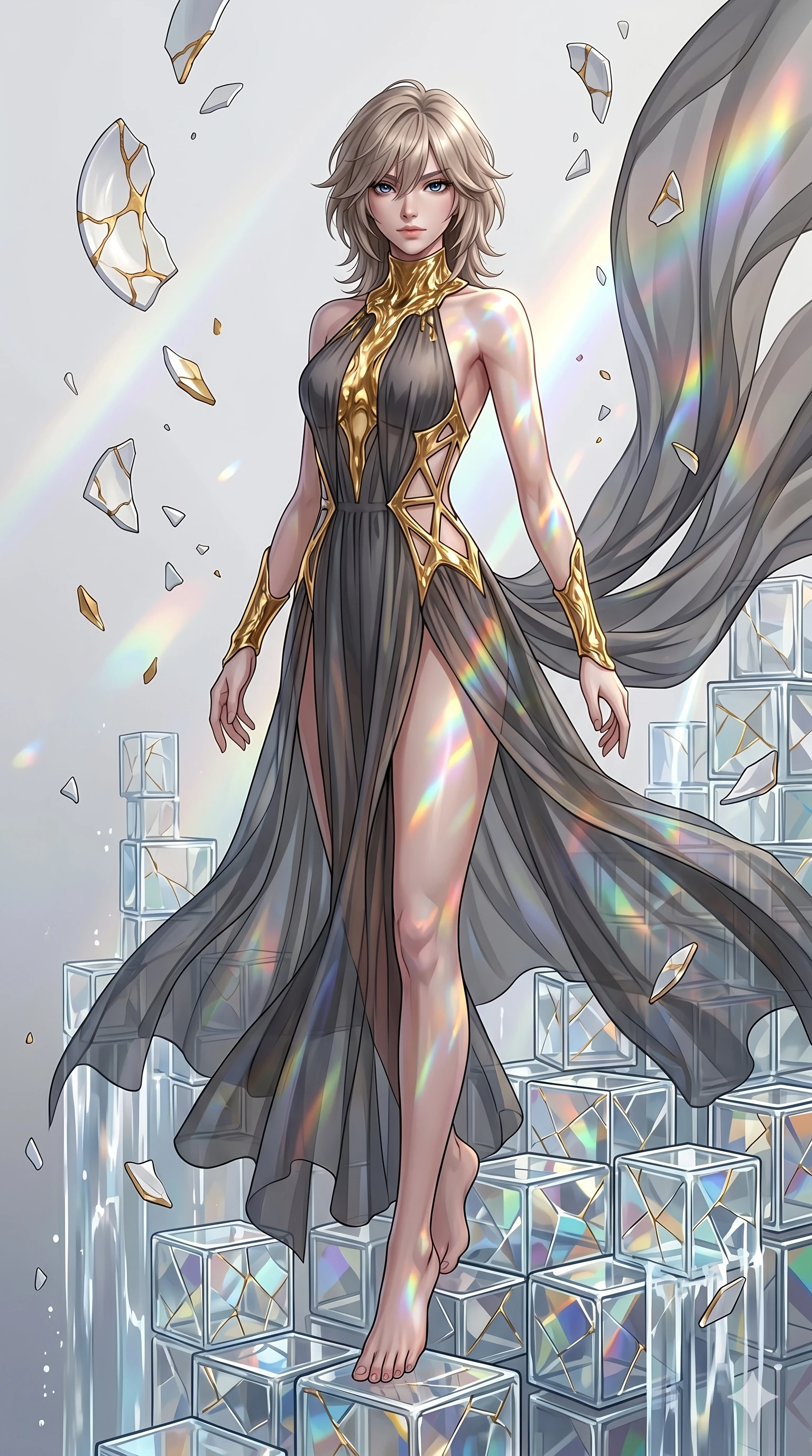 score_9, masterpiece, best quality, ultra-detailed, high-budget anime keyframe, editorial fashion photography, tasteful artistic composition, Japanese woman. low angle full-body shot from head to toe showing her feet, filling the entire 9:16 vertical frame with her statuesque presence, stretching her vertical silhouette. gliding through on cubist glass blocks that cascade like a waterfall, reflecting complex mosaic patterns as shards of porcelain and gold kintsugi float in suspension. She has an absolutely perfect 8-heads proportion, an exceptionally tall and slender female figure with impossibly long slender legs and an ultra-slim waist. V-shaped jawline, high-bridge nose, intricate jewel-like eyes with depth, thick eyelashes, glossy lips with a natural sheen.. wearing a molten gold and chiffon gown, featuring organic liquid gold collar and cuffs on a translucent charcoal-gray halter neck chiffon gown with a open-back architectural design. illuminated by an ethereal prismatic light source that casts rainbow patterns on her skin and clothing. 2k, ultra detail, master piece, 9:16 ratio