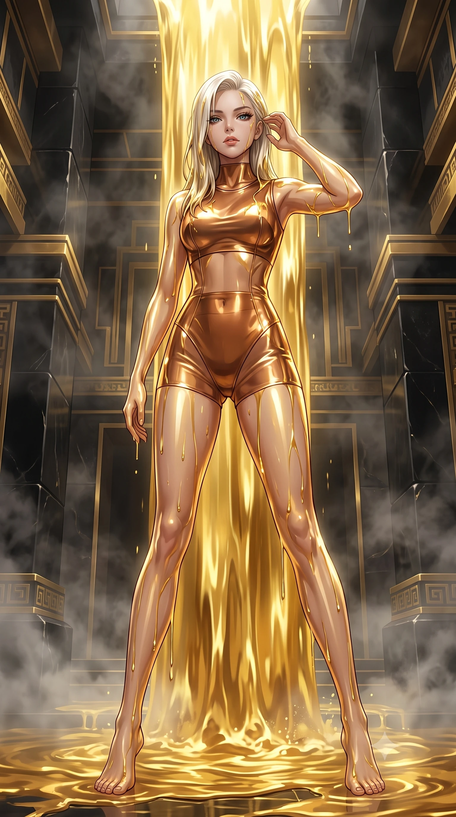 score_9, masterpiece, best quality, ultra-detailed, High-budget Anime Keyframe, Caucasian woman, strictly human ears. Low angle cowboy shot filling the entire 9:16 frame with her statuesque presence. Scenario 497: standing under a waterfall of liquid gold, the fluid coating her form, in a steam-filled bathhouse built of black obsidian stone and gold accents. Her presence is magnetic and overpowering in this high-budget anime scene. Outfit 497: a tailored metallic copper translucent PVC bodysuit worn over an opaque crop top and high-waisted shorts. The clothing is designed to emphasize her exceptionally tall and slender 8-heads proportion. 8-heads proportion, towering silhouette, ultra-slim waist. sharp v-shaped jawline, intricate jewel-like eyes with depth, thick eyelashes, glossy lips. 2k, ultra detail, master piece, 9:16 ratio