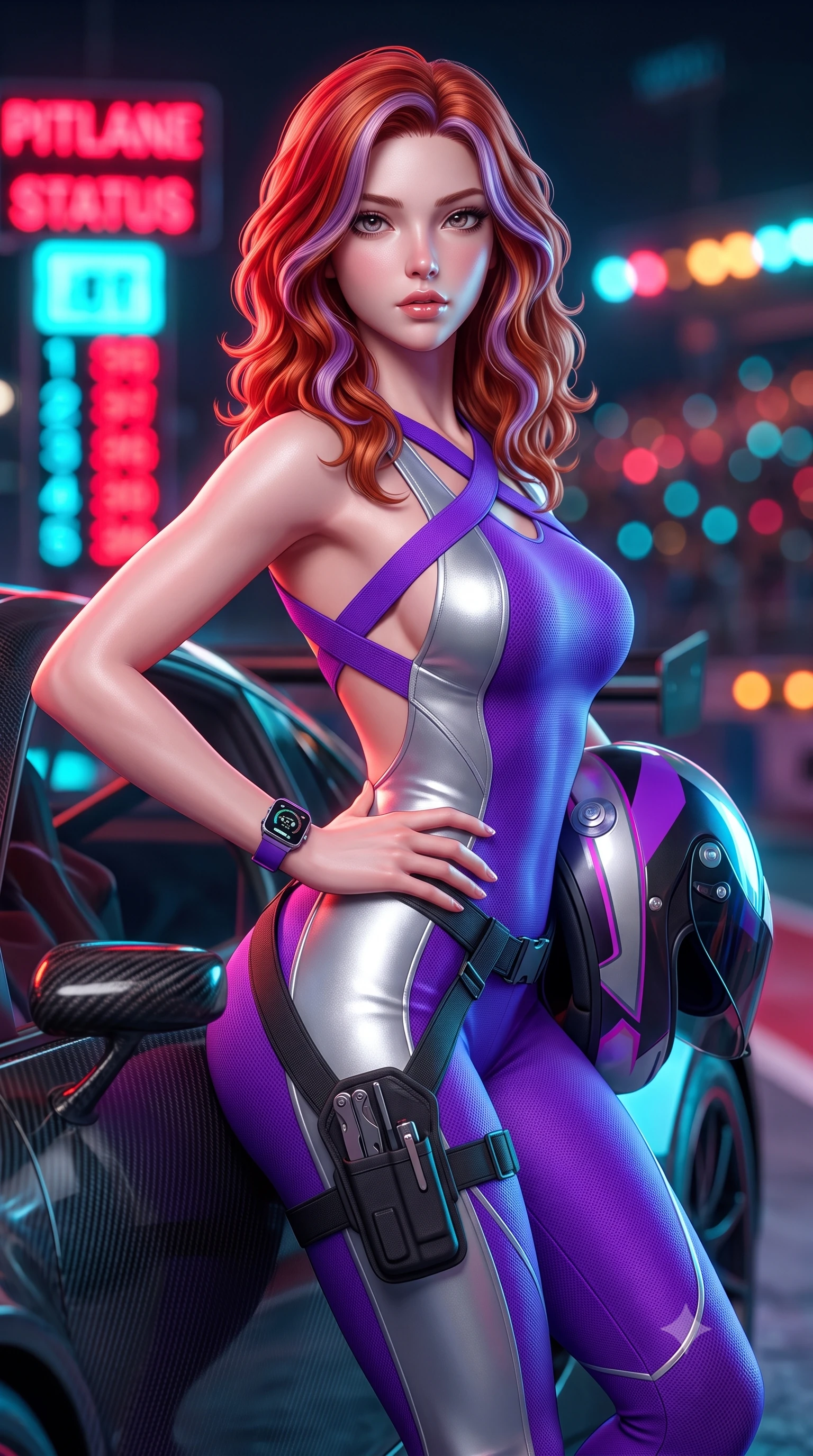 score_9, masterpiece, best quality, ultra-detailed, high-budget anime keyframe, semi-realistic 3D game render, editorial fashion photography, tasteful artistic composition, Caucasian woman. close-up cowboy shot from the waist and thighs up, the character dominates the composition, filling the frame with her large presence. arching her spine in an alluring serpentine S-curve, one hand resting on her waist with parted glossy lips and an intensely magnetic gaze while leaning deep against the driver's side door with hips cocked, helmet resting against her hip, smoldering gaze locking onto the lens. The composition keeps background elements in soft focus with creamy bokeh. flashing neon pitlane status boards and distant crowd stadium lights blurred into blazing crimson, electric cyan, and amber bokeh. She has an exceptionally elegant, slender, and willowy female figure with an ultra-slim waist, a gracefully sculpted slender torso, toned flat midriff, and a refined slim silhouette. sharp v-shaped jawline, high-bridge nose, intricate jewel-like eyes with depth, thick eyelashes, glossy parted lips with a natural sheen, intensely captivating and seductive expression, flawlessly proportioned anatomical accuracy, strict slender model proportions, natural body alignment, perfectly sculpted long slender limbs, ultra-slim waistline, clean dynamic posture without body distortion. wearing a daring open-back racing jumpsuit with crossed elastic suspension straps and form-hugging fit in toxic ultraviolet purple and chrome silver, crafted from compression knit fabric sculpting her athletic hourglass lines, equipped with a low-slung utility holster and racing telemetry smartwatch, the sleek tactical cut tightly hugging her graceful clavicle, narrow waist, and athletic curves with statuesque precision. illuminated by wet specular asphalt bounce lights sculpting her toned midriff, slender waist, and long legs. highly saturated vibrant anime colors, detailed shading with soft gradients, rich glossy textures, high-contrast stereoscopic depth, volumetric dynamic lighting, master piece, 9:16 ratio
