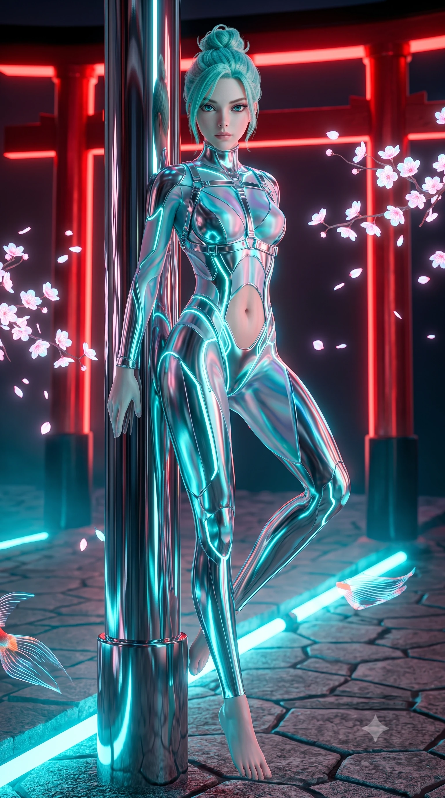 score_9, masterpiece, best quality, ultra-detailed, high-budget anime keyframe, semi-realistic 3D game render, editorial fashion photography, tasteful artistic composition, Japanese woman. low angle full-body shot from head to toe showing her feet, filling the entire 9:16 vertical frame with her statuesque presence, stretching her vertical silhouette. performing an alluring mid-air vault with flawless poise, looking directly into the camera with regal, divine intensity while leaning against a chrome torii pillar with a serene, haughty gaze as digital cherry blossoms float past. The surrounding environment is rendered in vivid detail and crisp panoramic clarity. intricate chrome torii pillar reflections, holographic koi fin filaments, and hexagonal stone textures in deep focus. She has an absolutely perfect, statuesque 8.5-heads proportion, an exceptionally tall and slender model-like female figure with impossibly long slender legs, a toned flat midriff, and an ultra-slim waist. sharp v-shaped jawline, high-bridge nose, intricate jewel-like eyes with depth, thick eyelashes, glossy lips with a natural sheen, flawlessly proportioned anatomical accuracy, strict slender model proportions, natural body alignment, perfectly sculpted long slender limbs, ultra-slim waistline, clean dynamic posture without body distortion. wearing an aerodynamic sculpted liquid-chrome bodysuit with glowing neon fiber-optic circuitry and an elegant high-fashion cut in polished mirror chrome and glowing electric cyan neon, made of smooth flowing silk chiffon that shifts colors with movement, reinforced by a sleek metallic chrome harness and delicate glowing micro-straps, the glove-like aerodynamic second-skin fit tightly clinging to her ultra-slender waist and athletic curves without adding bulk, accentuating her razor-sharp statuesque lines and slim hourglass silhouette. bathed in glowing scarlet torii gate backlighting and aquatic cyan matrix uplights. rich saturated anime colors with glowing neon highlights, detailed shading with soft gradients, rich glossy textures, high-contrast stereoscopic depth, volumetric dynamic lighting, master piece, 9:16 ratio