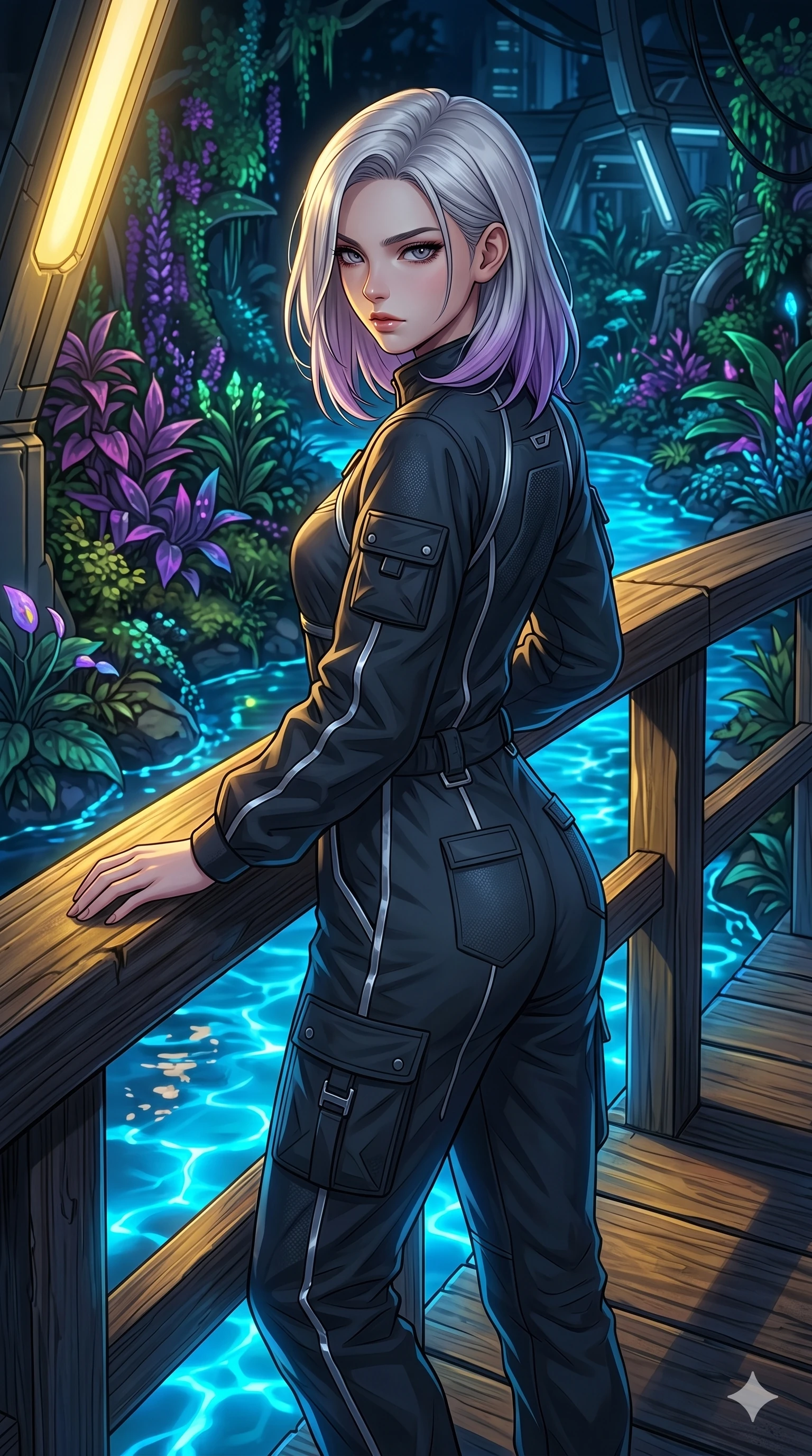 score_9, masterpiece, best quality, ultra-detailed, high-budget anime keyframe, editorial fashion photography, tasteful artistic composition, Caucasian woman, strictly human ears. Upper body close-up from the thighs up, character filling the screen for maximum presence. Standing on a wooden bridge in a biotech garden, over a glowing stream, leaning against the railing, looking back with an enigmatic, intense gaze. She is wearing a high-fashion tech-jumpsuit with reflective silver piping and cargo pockets. The scene is illuminated by the glowing blue water reflections and a yellow key light. 2k, ultra detail, master piece, 9:16 ratio