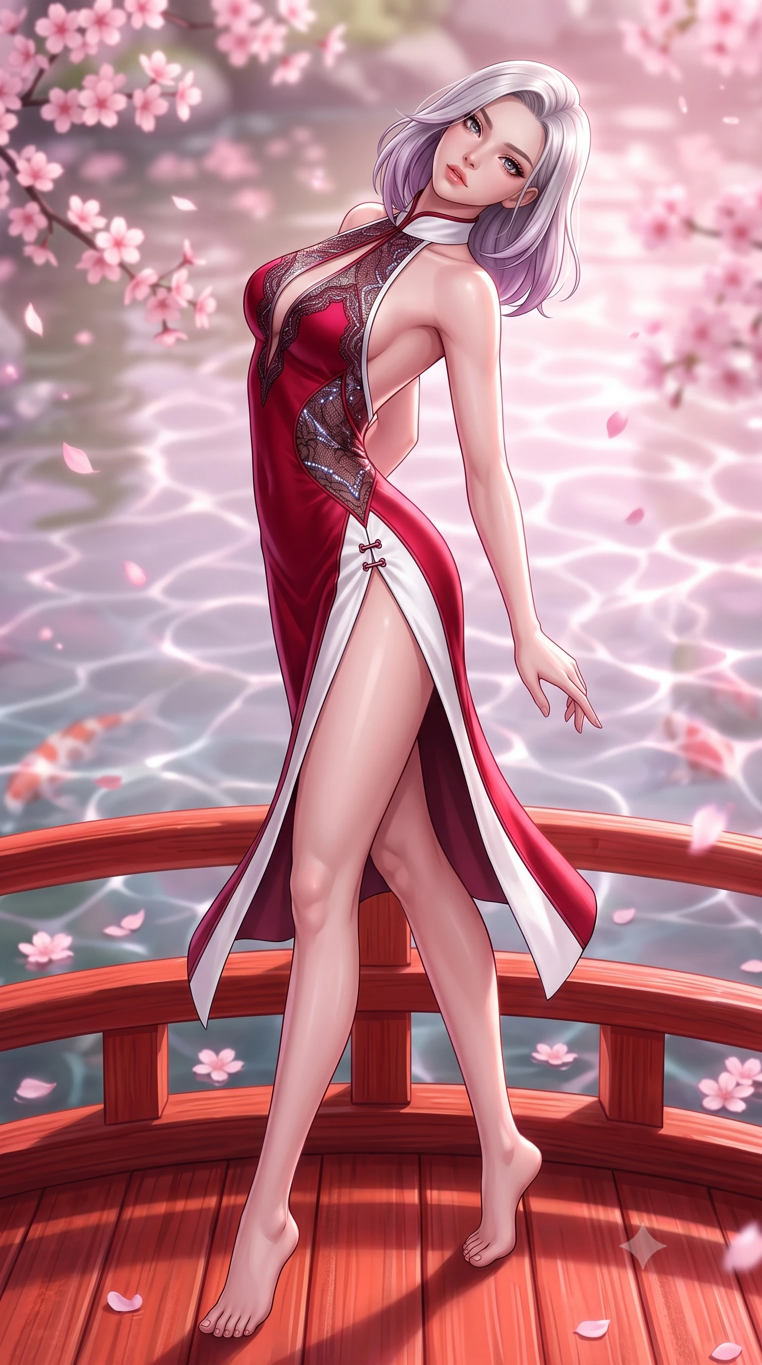 score_9, masterpiece, best quality, ultra-detailed, high-budget anime keyframe, semi-realistic 3D game render, editorial fashion photography, tasteful artistic composition, Caucasian woman. low angle full-body shot from head to toe showing her feet, filling the entire 9:16 vertical frame with her statuesque presence, stretching her vertical silhouette. arching her back in a fluid zero-gravity turn with sovereign grace, her long slender legs and sculpted torso creating a sweeping line while pivoting dynamically on a vermilion bridge over a mirror-like koi pond as pink cherry blossoms float past. The composition keeps background elements in soft focus with creamy bokeh. sunlit pond ripples creating soft, undulating light patterns across the background. She has an absolutely perfect, statuesque 8.5-heads proportion, an exceptionally tall and slender model-like female figure with impossibly long slender legs, a toned flat midriff, and an ultra-slim waist. sharp v-shaped jawline, high-bridge nose, intricate jewel-like eyes with depth, thick eyelashes, glossy lips with a natural sheen, flawlessly proportioned anatomical accuracy, strict slender model proportions, natural body alignment, perfectly sculpted long slender limbs, ultra-slim waistline, clean dynamic posture without body distortion. wearing a velvet halter-neck midi dress fitting her statuesque contour flawlessly with a Tasteful chest slit and open spine in radiant crimson silk and crisp snow white, crafted from delicate dark lace interwoven with luminescent micro-fibers, finished with an ultra-high side slit secured by miniature magnetic clasps, the liquid-tight tailored fabric emphasizing every curve of her tall, slender model proportions and sculptured silhouette during dynamic movement. illuminated by soft glowing pink ambient light and sparkling water refractions. highly saturated vibrant anime colors, detailed shading with soft gradients, rich glossy textures, high-contrast stereoscopic depth, volumetric dynamic lighting, master piece, 9:16 ratio