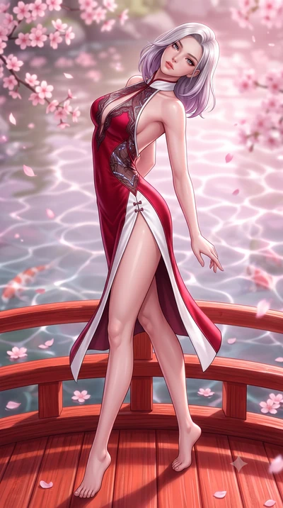 score_9, masterpiece, best quality, ultra-detailed, high-budget anime keyframe, semi-realistic 3D game render, editorial fashion photography, tasteful artistic composition, Caucasian woman. low angle full-body shot from head to toe showing her feet, 