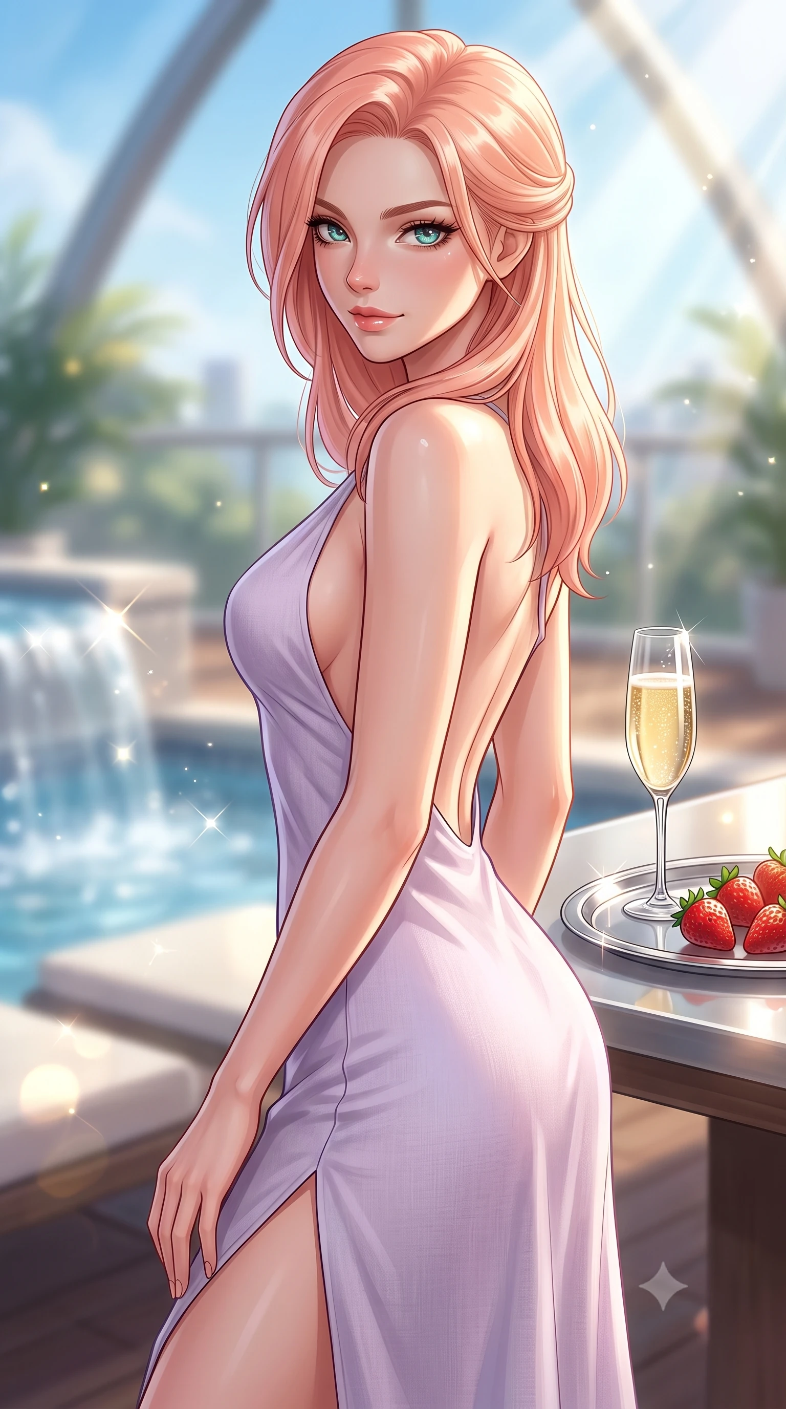 score_9, masterpiece, best quality, ultra-detailed, high-budget anime keyframe, editorial fashion photography, tasteful artistic composition, Japanese woman. close-up cowboy shot from the waist and thighs up, the character dominates the composition, filling the frame with her large presence, background elements kept in soft focus. glancing sidelong over her shoulder with an intoxicating, lingering stare and a subtle, knowing smile set against a soft-focus background of inside an exclusive solarium deck with a crystal glass of sparkling champagne and fresh strawberries on a silver tray. She has an exceptionally elegant, slender, and willowy female figure with an ultra-slim waist, a gracefully sculpted slender torso, and a refined silhouette. sharp v-shaped jawline, high-bridge nose, intricate jewel-like eyes with depth, thick eyelashes, glossy lips with a natural sheen. wearing tailored pale lavender soft linen open-back silk slip dress featuring a deep V-neckline and a leg-lengthening side slit featuring refined tailored seams. lit by crisp morning sun rays creating sparkling glints on polished glass and water. highly saturated vibrant anime colors, detailed shading with soft gradients, rich glossy textures, high-contrast stereoscopic depth, volumetric dynamic lighting, master piece, 9:16 ratio