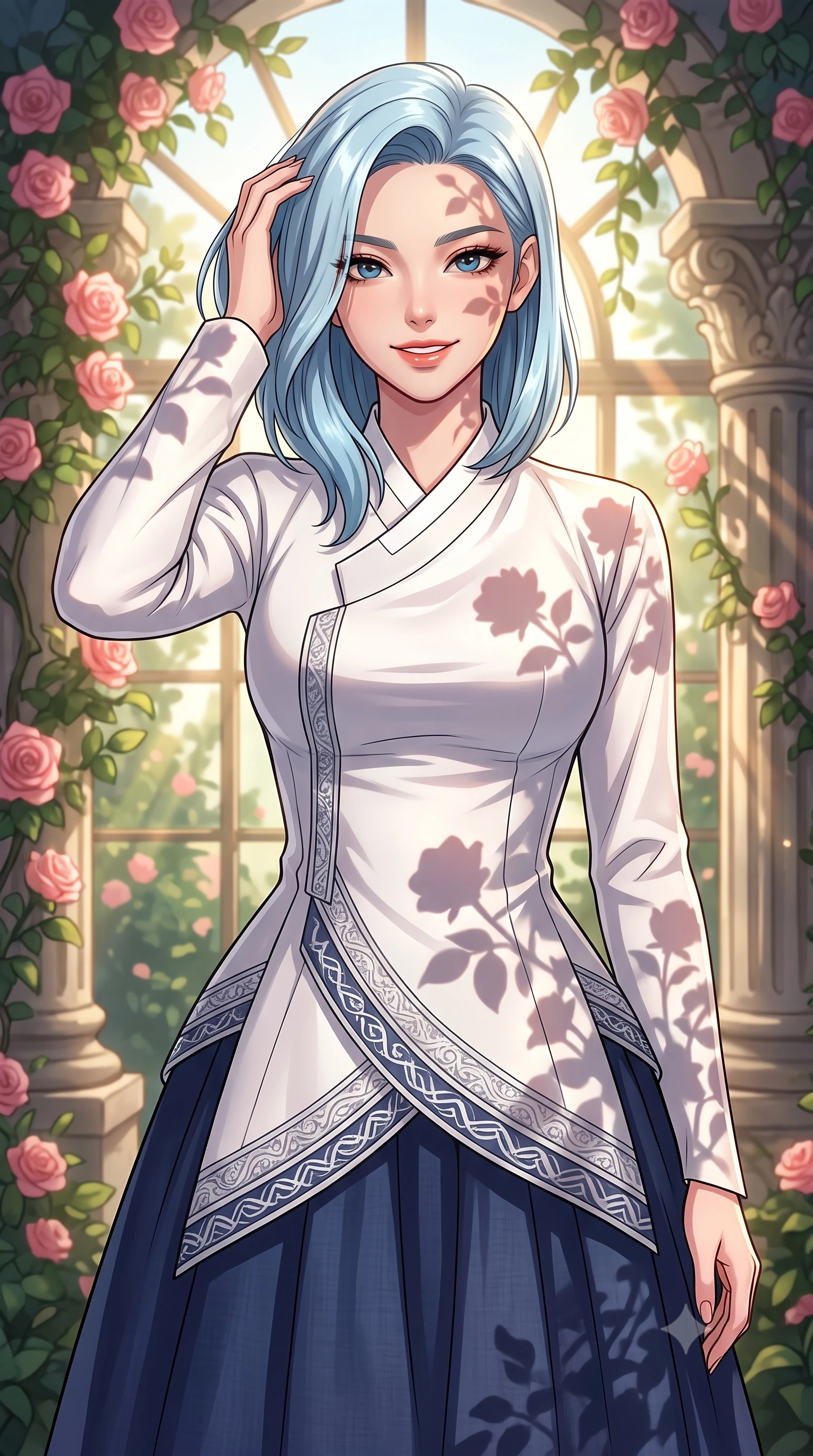 score_9, masterpiece, best quality, ultra-detailed, high-budget anime keyframe, tasteful artistic composition, Korean woman. close-up cowboy shot from the waist and thighs up, the character dominates the composition, filling the frame with her large presence, background elements kept in soft focus. smiling with quiet, magnetic self-assurance directly into the camera, running a hand through her hair the background shows a soft-focus a secluded rose garden glasshouse with climbing pink roses and stone pillars. She has an exceptionally elegant, slender, and willowy female figure with an ultra-slim waist, a gracefully sculpted slender torso, and a refined silhouette. sharp v-shaped jawline, high-bridge nose, intricate jewel-like eyes with depth, thick eyelashes, glossy lips with a natural sheen. wearing a body-hugging modern fusion hanbok dress with a navy blue linen skirt and a high-neck white silk jeogori wrapper. soft morning sunrays casting elegant shadows of the roses and leaves. highly saturated vibrant anime colors, cel-shading, 2d style, master piece, 9:16 ratio