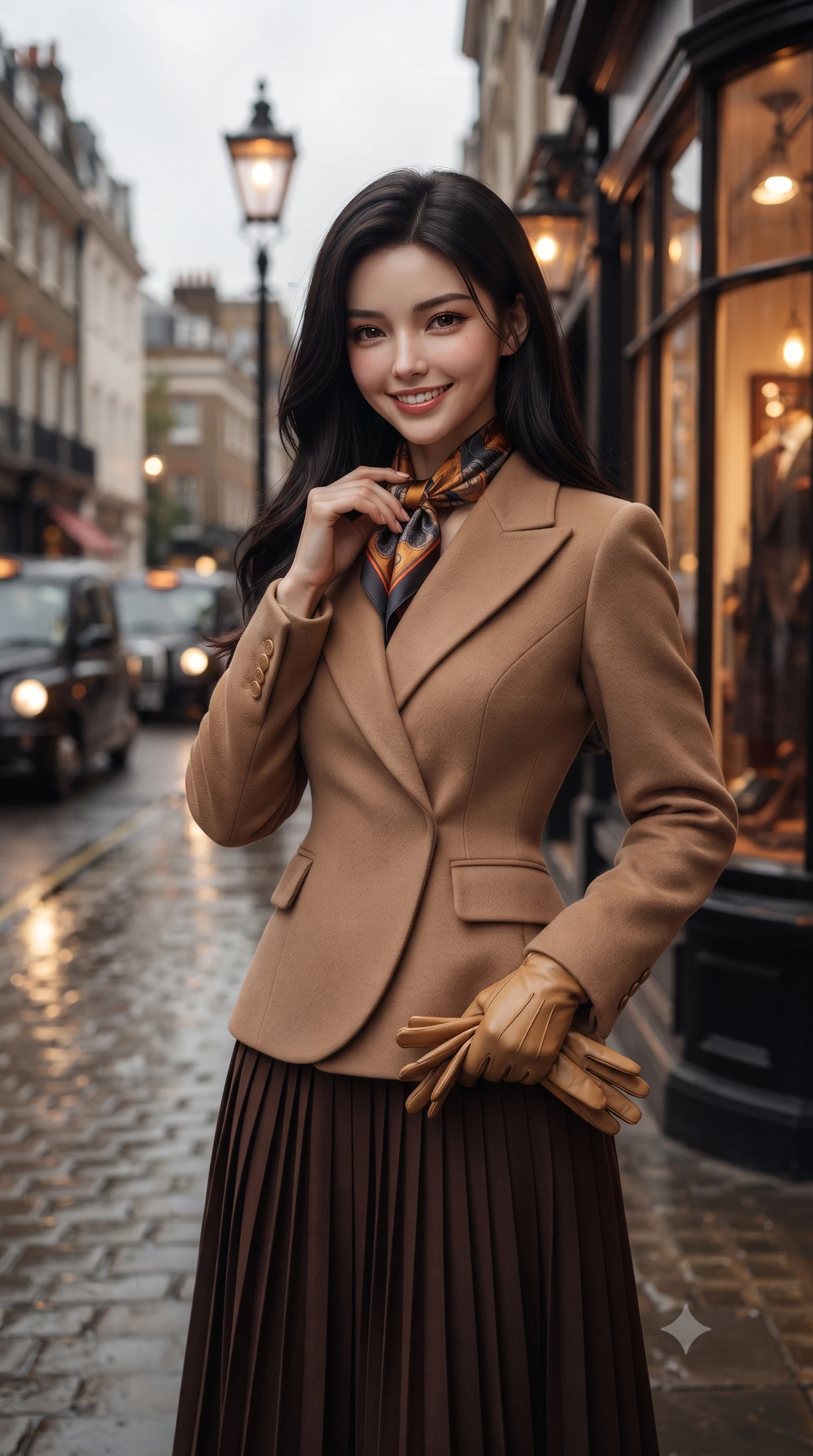 score_9, masterpiece, best quality, ultra-detailed, high-budget anime keyframe, editorial fashion photography, tasteful artistic composition, Korean woman. close-up cowboy shot from the waist and thighs up, the character dominates the composition, filling the frame with her large presence. touching her silk scarf with delicate fingertips while casting an affectionate, warm glance toward the lens while pausing in front of the warm bay window of a heritage Savile Row tailor shop, one hand slipped gracefully into her tailored coat pocket. The background shows a soft-focus glowing gas lanterns reflecting on wet cobblestones, classic black cabs driving past, and warm storefront displays blurred into amber, charcoal, and ruby bokeh. She has an exceptionally elegant, slender, and willowy female figure with an ultra-slim waist, flat toned midriff, narrow ribcage, and sculpted feminine hips creating an alluring, slim hourglass silhouette without bulk. sharp v-shaped jawline, high-bridge nose, intricate jewel-like sparkling eyes with depth, thick eyelashes, glossy parted lips with a natural peach sheen, bright cheerful beaming smile with an enchanting and coquettish sensual glint, exuding both youthful cute charm and seductive allure, flawlessly proportioned anatomical accuracy, strict slender model proportions, natural body alignment, perfectly sculpted long slender limbs, ultra-slim waistline, clean dynamic posture without body distortion. wearing an asymmetrical-wrap tailored wool jacket with clean geometric lines paired with a structured pleated maxi skirt in Saint-Germain camel wool and warm espresso, tailored from heavyweight double-faced wool with clean architectural edges, complemented by buttery leather gloves held delicately in one manicured hand, the bespoke architectural tailoring hugging her natural waistline with sartorial precision, creating a clean graceful hourglass silhouette with tall model elegance. bathed in diffused London overcast sky light contrasted with warm incandescent shopfront display illumination. ultra-reflective glossy finish, specular highlights, rich textural contrasts, high-contrast stereoscopic depth, volumetric dynamic lighting, 2k, ultra detail, master piece, 9:16 ratio