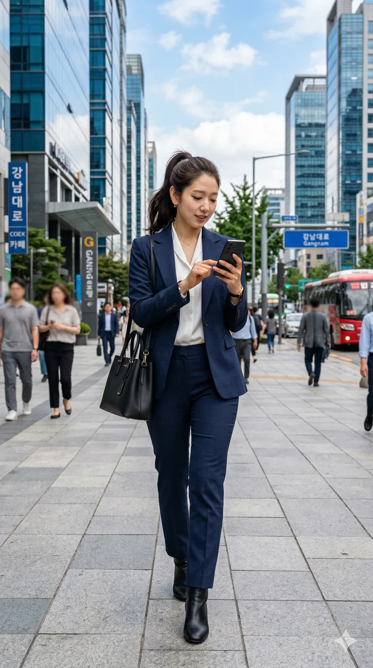 A Korean female idol with a neat ponytail, dressed in a stylish business suit, walking confidently in a modern cityscape. She is holding a smartphone and checking messages. 2k, ultra detail, master piece, 9:16 ratio