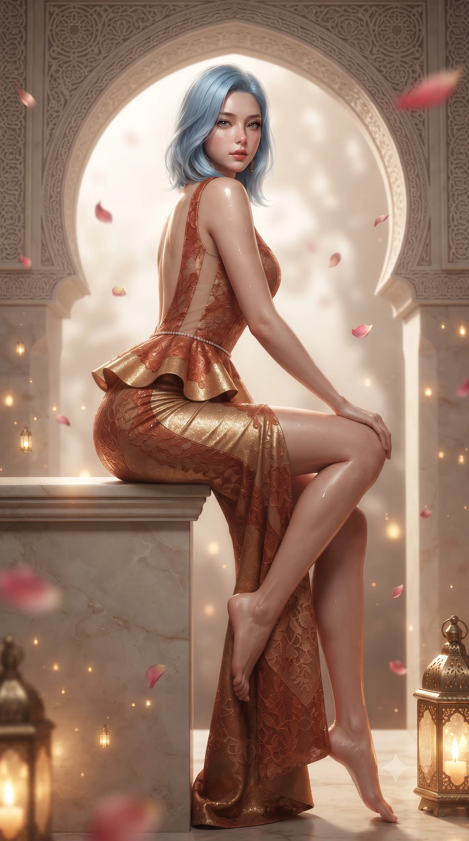 score_9, masterpiece, best quality, ultra-detailed, high-budget anime keyframe, editorial fashion photography, tasteful artistic composition, Korean woman. low angle full-body shot from head to toe showing her feet, filling the entire 9:16 vertical frame with her statuesque presence, stretching her vertical silhouette. sitting perched on the elevated edge with hips angled toward the camera and legs crossed, displaying her toned midriff and flawlessly sculpted slender limbs while leaning against an ornate horseshoe archway carved with delicate stucco lace, looking back over her bare shoulder with sun-dazed bedroom-eyes. The composition keeps background elements in soft focus with creamy bokeh. flickering brass lantern patterns and floating rose petals scattering warm radiant light motes. She has an exceptionally tall and slender model-like 8.5-heads proportion, an ultra-slim waist, a flat toned midriff, narrow delicate ribcage, and beautifully sculpted feminine hips creating a graceful, slim hourglass silhouette without any bulky heaviness, with impossibly long slender legs. sharp v-shaped jawline, high-bridge nose, intricate jewel-like eyes with depth, thick eyelashes, glossy parted lips with a natural sheen, intensely captivating and seductive bedroom-eyes expression, flawlessly proportioned anatomical accuracy, strict slender model proportions, natural body alignment, perfectly sculpted long slender limbs, ultra-slim waistline, clean dynamic posture without body distortion. wearing a structural geometric peplum gown with sheer side-ribbon cutouts and form-fitting skirt in molten desert gold and burnt terracotta, formed from shimmering floral lace over smooth opaque silk lining, accented with a dainty diamond waist chain catching the ambient light reflections, the dramatically scooped open back descending to the base of her spine, accentuating her razor-sharp statuesque lines and slim hourglass silhouette. illuminated by wet specular pool highlights accentuating her slender neckline, narrow waist, and curvy hips. ultra-reflective glossy finish, specular highlights, rich textural contrasts, high-contrast stereoscopic depth, volumetric dynamic lighting, 2k, ultra detail, master piece, 9:16 ratio