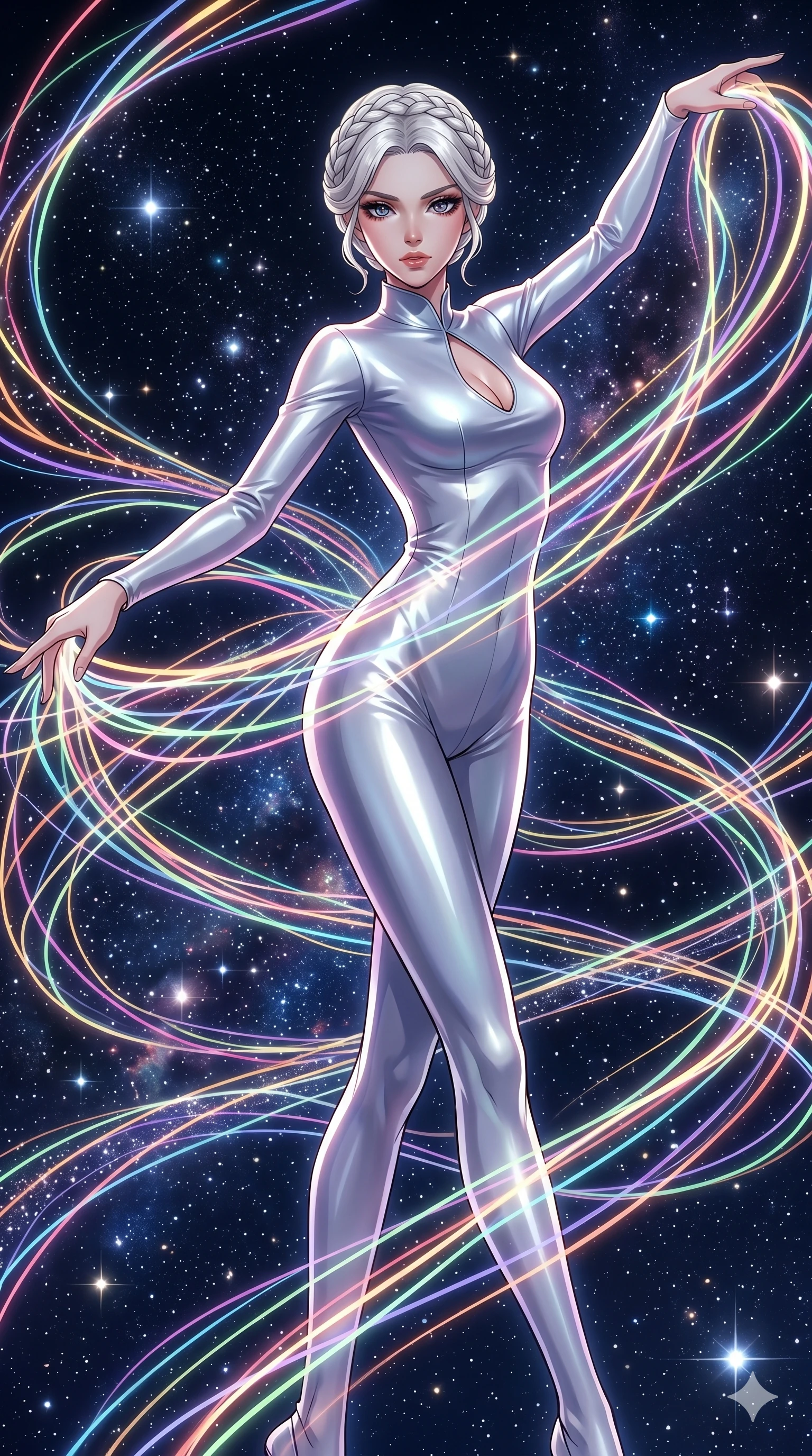 score_9, masterpiece, best quality, ultra-detailed, High-budget Anime Keyframe, vibrant colors, fluid line-art, expressive lighting, cinematic composition, Ufotable-style visual effects, top-tier animation quality, Korean woman with idol-like refined features. Medium shot from the thighs up, her commanding presence occupying two-thirds of the frame. Dancing amidst a storm of glowing ribbons that trail behind her every movement. She has an absolutely perfect 8-heads proportion, an exceptionally tall and slender female figure with impossibly long slender legs and an ultra-slim waist, her statuesque height and towering silhouette dominating the vertical 9:16 frame. Her face is a masterpiece featuring a sharp v-shaped jawline, high-bridge nose, intricate jewel-like eyes with depth, thick eyelashes, and glossy lips with a natural sheen. She is wearing a Sleek liquid-silk jumpsuit that clings to her frame, with a high collar and a small strategic teardrop cutout. The scene is set in a starlit void where ribbons of light serve as the only paths. 2k, ultra detail, master piece, 9:16 ratio