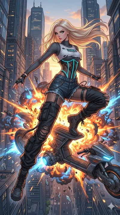 score_9, masterpiece, best quality, ultra-detailed, high-budget anime movie keyframe, cinematic anime lighting, intricate line art, Japanese anime girl. Dynamic full-body shot stretching the vertical silhouette with extreme perspective. launching her