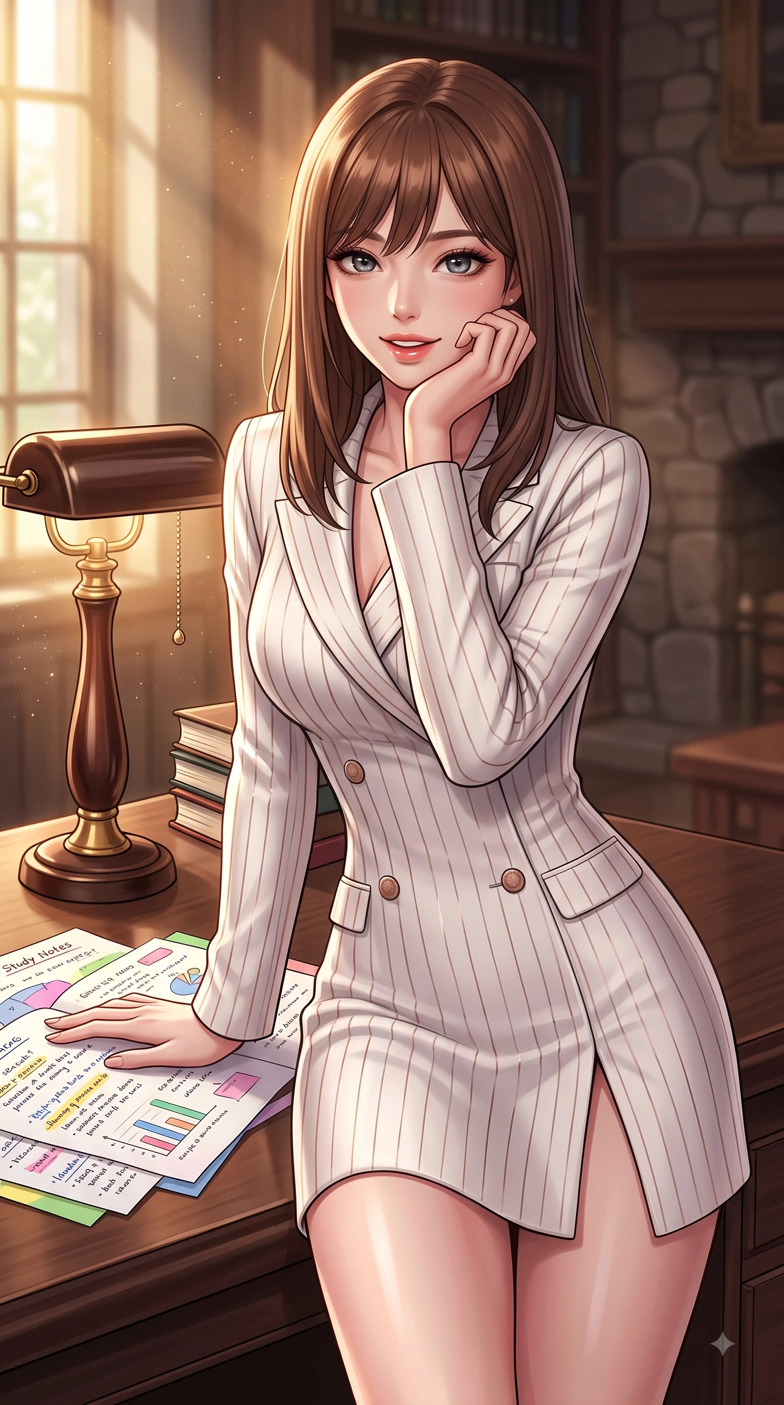 score_9, masterpiece, best quality, ultra-detailed, high-budget anime keyframe, editorial fashion photography, tasteful artistic composition, Korean woman. close-up cowboy shot from the waist and thighs up, the character dominates the composition, filling the frame with her large presence, background elements kept in soft focus. Playful cute expression with a warm smile and parted lips, looking right into the camera with vibrant energy while resting her chin thoughtfully on her hand while reviewing colorful study notes under sunbeams, polishing dark wood and brass reading lamps reflecting warm chiaroscuro light. She has an exceptionally elegant, slender, and willowy female figure with an ultra-slim waist, a gracefully sculpted slender torso, and a refined silhouette. sharp v-shaped jawline, high-bridge nose, intricate jewel-like eyes with depth, thick eyelashes, glossy lips with a natural sheen, flawlessly proportioned anatomical accuracy, natural body alignment, perfectly sculpted elegant limbs, clean dynamic posture without body distortion. wearing a double-breasted blazer dress with subtle metallic pin-stripes in pearl white and rose gold, formed from sleek second-skin neoprene, finished with a sleek side slit ascending to mid-thigh, the sleek second-skin texture accentuating her magnetic presence. bathed in warm golden dusty sunbeams and clear ambient library illumination. highly saturated vibrant anime colors, detailed shading with soft gradients, rich glossy textures, high-contrast stereoscopic depth, volumetric dynamic lighting, master piece, 9:16 ratio