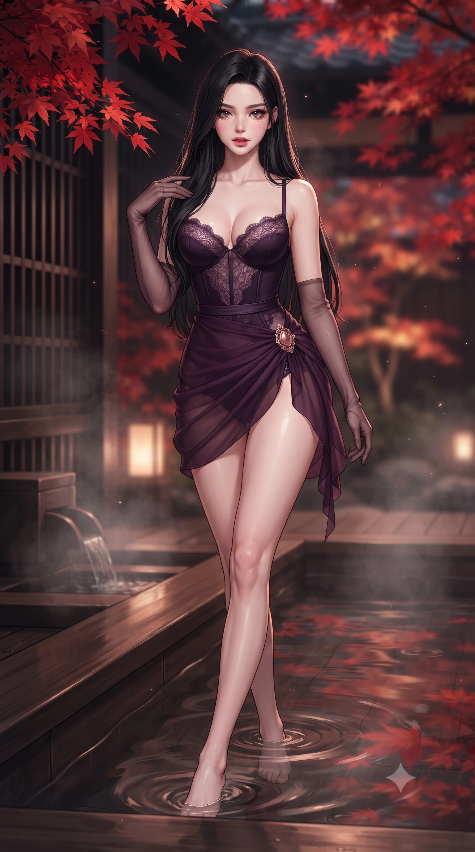 score_9, masterpiece, best quality, ultra-detailed, high-budget anime keyframe, editorial fashion photography, tasteful artistic composition, Korean woman. low angle full-body shot from head to toe showing her feet, filling the entire 9:16 vertical frame with her statuesque presence, stretching her vertical silhouette. stepping slowly toward the camera with hypnotic grace, hips swaying in an alluring sensual rhythm that accentuates her curvy hourglass silhouette and long slender legs while lounging gracefully in the shallow hot spring propped on one elbow, her statuesque 8.5-heads silhouette radiating intimate Kyoto allure. The background shows a soft-focus vibrant scarlet Japanese maple leaves overhanging the bath, dark timber machiya lattice walls, and rising mineral steam blurred into crimson, amber, and charcoal bokeh. She has an absolutely perfect, statuesque 8.5-heads proportion, an exceptionally tall and slender model-like female figure with impossibly long slender legs, an ultra-slim waist, a flat toned midriff, narrow delicate ribcage, and beautifully sculpted feminine hips creating a graceful, slim hourglass silhouette without any bulky heaviness. sharp v-shaped jawline, high-bridge nose, sparkling eyes with hypnotic seductive depth, thick curled eyelashes, glossy parted lips with a natural dewy peach sheen, alluring bedroom-eyes with an enchanting coquettish smile, exuding magnetic siren charisma and sophisticated glamour, flawlessly proportioned anatomical accuracy, strict slender model proportions, natural body alignment, perfectly sculpted long slender limbs, ultra-slim waistline, clean dynamic posture without body distortion. wearing a delicate French lace underwire bustier paired with a draped sheer chiffon wrap mini skirt and gold hip brooch in deep plum violet and rose gold, crafted from fluid liquid silk satin that clings smoothly to every curve with a dewy sheen, complemented by sheer opera-length evening gloves tracing her slender arms, the second-skin tailored fabric adhering flawlessly to her sculpted flat midriff and slender torso, emphasizing her long leg lines and perfectly proportioned willowy build. illuminated by steam particle light scatter and sharp crimson-gold rim lights defining her delicate clavicles, ultra-slim waist, and curvy hips. ultra-reflective glossy finish, specular highlights, rich textural contrasts, high-contrast stereoscopic depth, volumetric dynamic lighting, 2k, ultra detail, master piece, 9:16 ratio