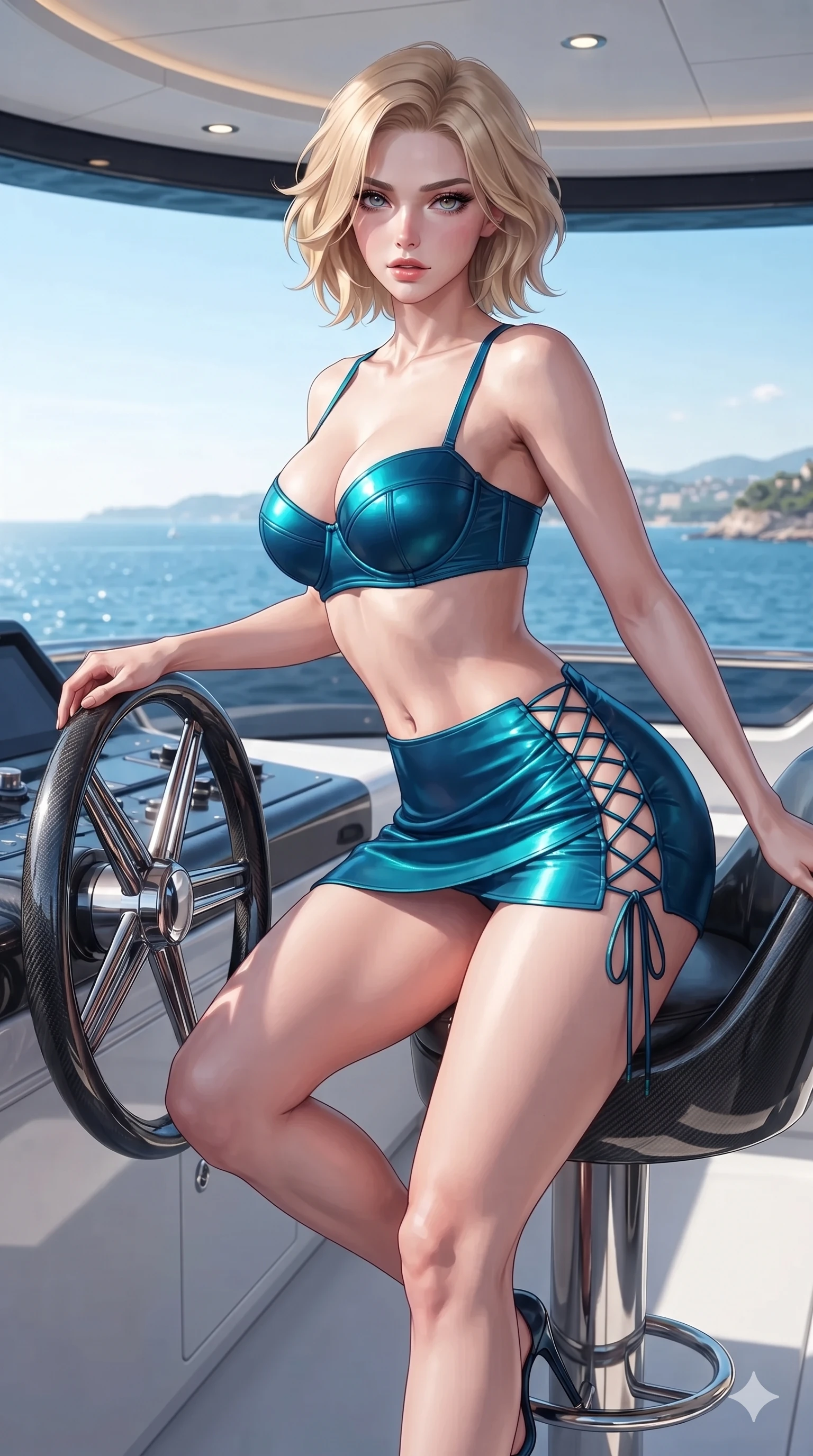 score_9, masterpiece, best quality, ultra-detailed, high-budget anime keyframe, editorial fashion photography, tasteful artistic composition, Caucasian woman. close-up cowboy shot from the waist and thighs up, the character dominates the composition, filling the frame with her large presence. leaning forward while arching her lower back to accentuate her curvy hips, looking into the camera with an intoxicating smoldering gaze and bedroom-eyes while astride the sleek carbon-fiber helm stool, arching her spine backward with effortless captain poise as one hand rests lightly on the polished wheel. The surrounding environment is rendered in vivid detail and crisp panoramic clarity: detailed backless halterneck leotard tailoring, metallic clasp accents, and luxury naval engineering in razor-sharp clarity. She has an exceptionally elegant, slender, and willowy female figure with an ultra-slim waist, flat toned midriff, narrow ribcage, and sculpted feminine hips creating an alluring, slim hourglass silhouette without bulk. sharp v-shaped jawline, high-bridge nose, sparkling eyes with hypnotic seductive depth, thick curled eyelashes, glossy parted lips with a natural dewy peach sheen, alluring bedroom-eyes with an enchanting coquettish smile, exuding magnetic siren charisma and sophisticated glamour, flawlessly proportioned anatomical accuracy, strict slender model proportions, natural body alignment, perfectly sculpted long slender limbs, ultra-slim waistline, clean dynamic posture without body distortion. wearing a structured underwire bikini bustier top paired with an ultra-short draped sarong wrap mini skirt in deep Capri grotto sapphire and glowing electric teal, tailored from second-skin technical compression neoprene with athletic curve-sculpting stretch, featuring fine criss-cross lace-up side ties revealing tantalizing glimpses of her hip curve, the bespoke structured tailoring following the natural line of her 8.5-heads silhouette with refined elegance. illuminated by white deck surface bounce and sharp cyan-amber rim lights sculpting her razor-sharp jawline, narrow waist, and curvy hips. ultra-reflective glossy finish, specular highlights, rich textural contrasts, high-contrast stereoscopic depth, volumetric dynamic lighting, 2k, ultra detail, master piece, 9:16 ratio