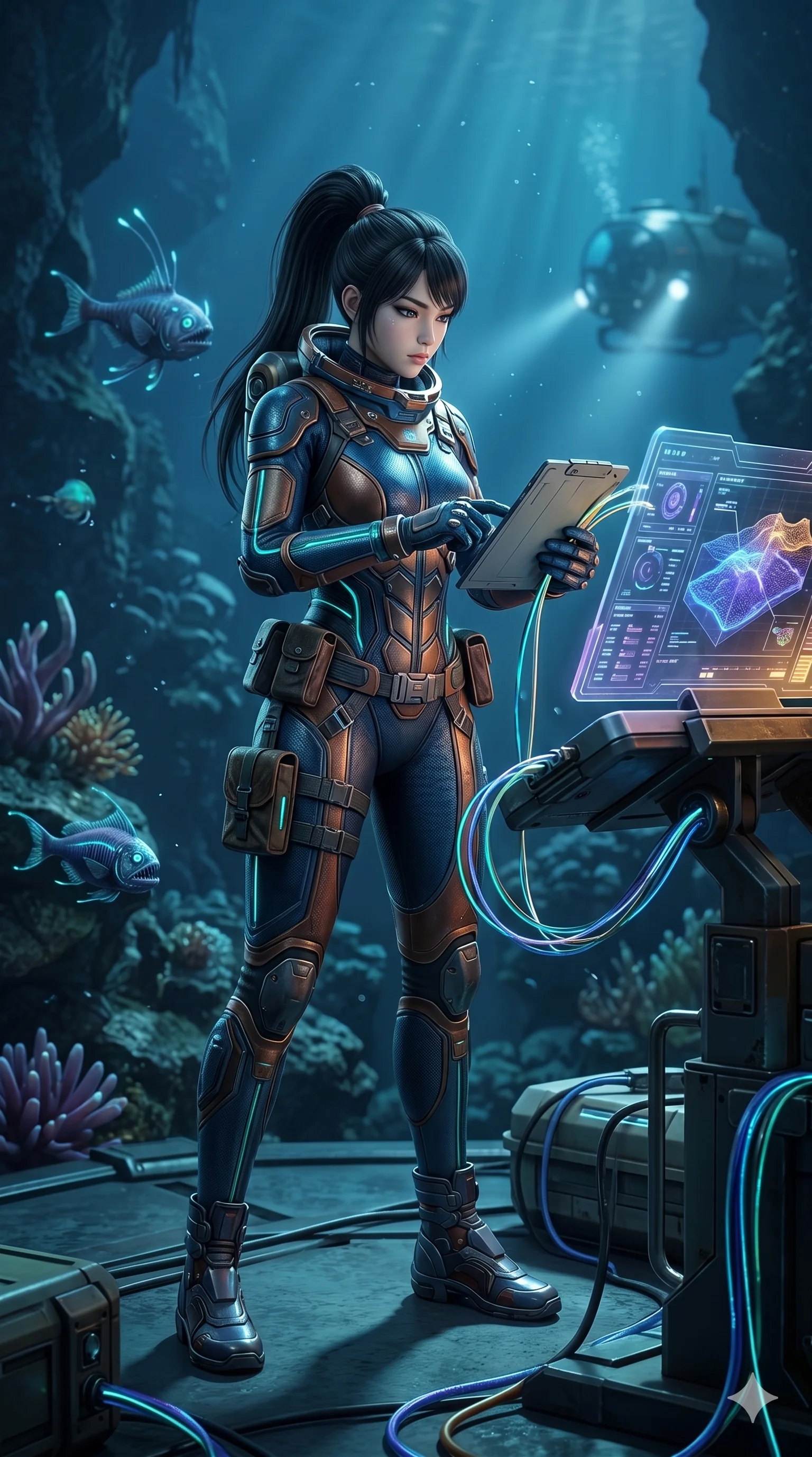A semi-realistic 3D render of a professional explorer interfacing with glowing underwater technology and cables. The character is wearing a specialized deep-sea exploration suit. Dynamic underwater scene with dramatic lighting and high-fidelity textures, Unreal Engine 5 style.