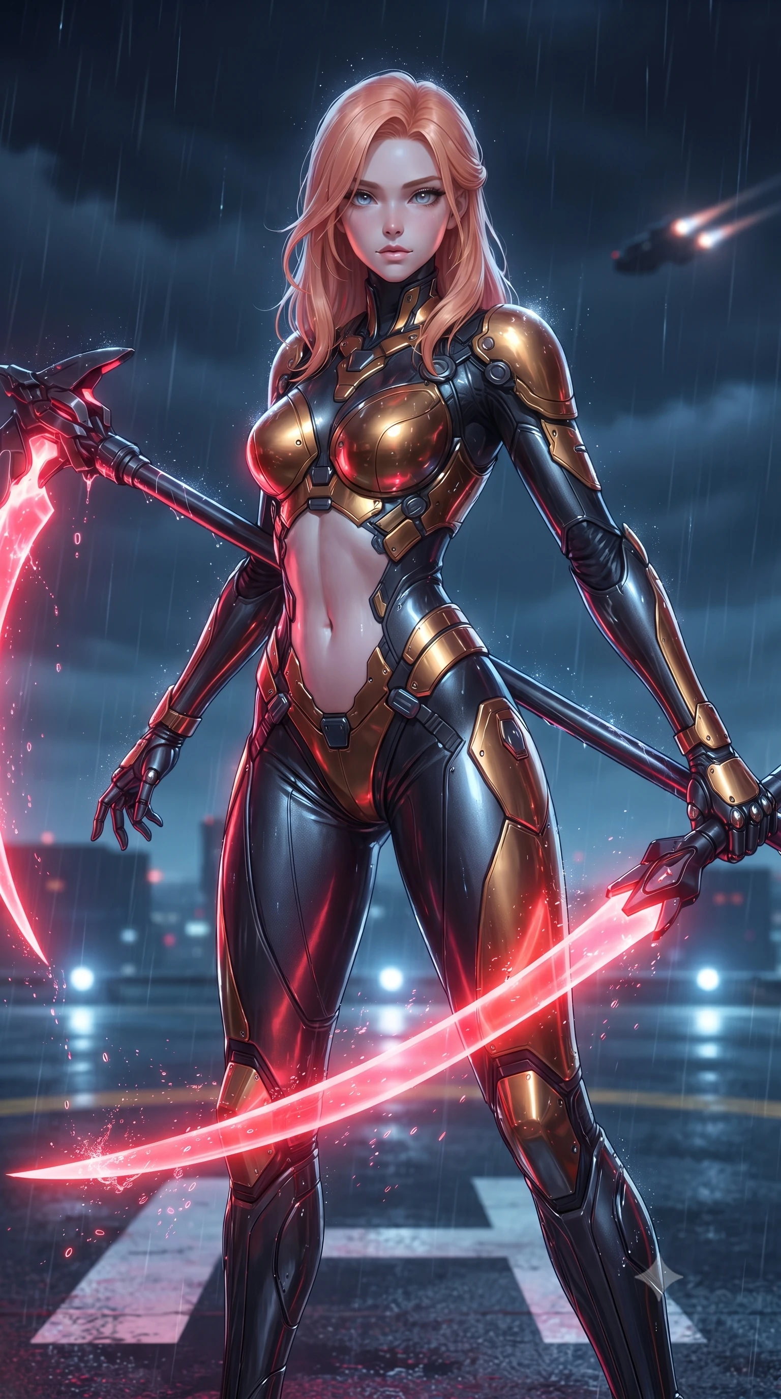 score_9, masterpiece, best quality, ultra-detailed, high-budget anime keyframe, editorial fashion photography, tasteful artistic composition, Japanese woman. close-up cowboy shot from the waist and thighs up, the character dominates the composition, filling the frame with her large presence. gazing forward with divine sovereign poise, captivating jewel-like eyes shining with transcendent focus while holding her weapon with effortless mastery while pivoting dynamically across the illuminated helipad markings as neon rain droplets splash off her glowing energy blade. The composition keeps background elements in soft focus with creamy bokeh. helipad landing lights and flying vehicle exhaust trails softened in moody shallow focus. She has an exceptionally elegant, slender, and willowy female figure with an ultra-slim waist, a gracefully sculpted slender torso, toned flat midriff, and a refined slim silhouette. sharp v-shaped jawline, high-bridge nose, intricate jewel-like eyes with depth, thick eyelashes, glossy lips with a natural sheen, flawlessly proportioned anatomical accuracy, strict slender model proportions, natural body alignment, perfectly sculpted long slender limbs, ultra-slim waistline, clean dynamic posture without body distortion. wearing a sculpted molten-gold and dark carbon cuirass paired with high-mobility combat leggings and sheer side drapes, wielding a glowing plasma energy scythe with fluid grace in deep crimson carbon weave with specular dark chrome accents, made of liquid carbon-jersey fabric adhering flawlessly to her sculpted silhouette, finished with high-mobility articulation joints and miniature magnetic armor locks, the precision-cut daring openings accentuating her delicate midriff, graceful bare collarbones, and ultra-slim feminine waistline. surrounded by an exhilarating, fierce, and breathtakingly stylish cyber-valkyrie aura. ultra-reflective glossy finish, specular highlights, dark metallic sheen, high-contrast stereoscopic depth, volumetric dynamic lighting, 2k, ultra detail, master piece, 9:16 ratio